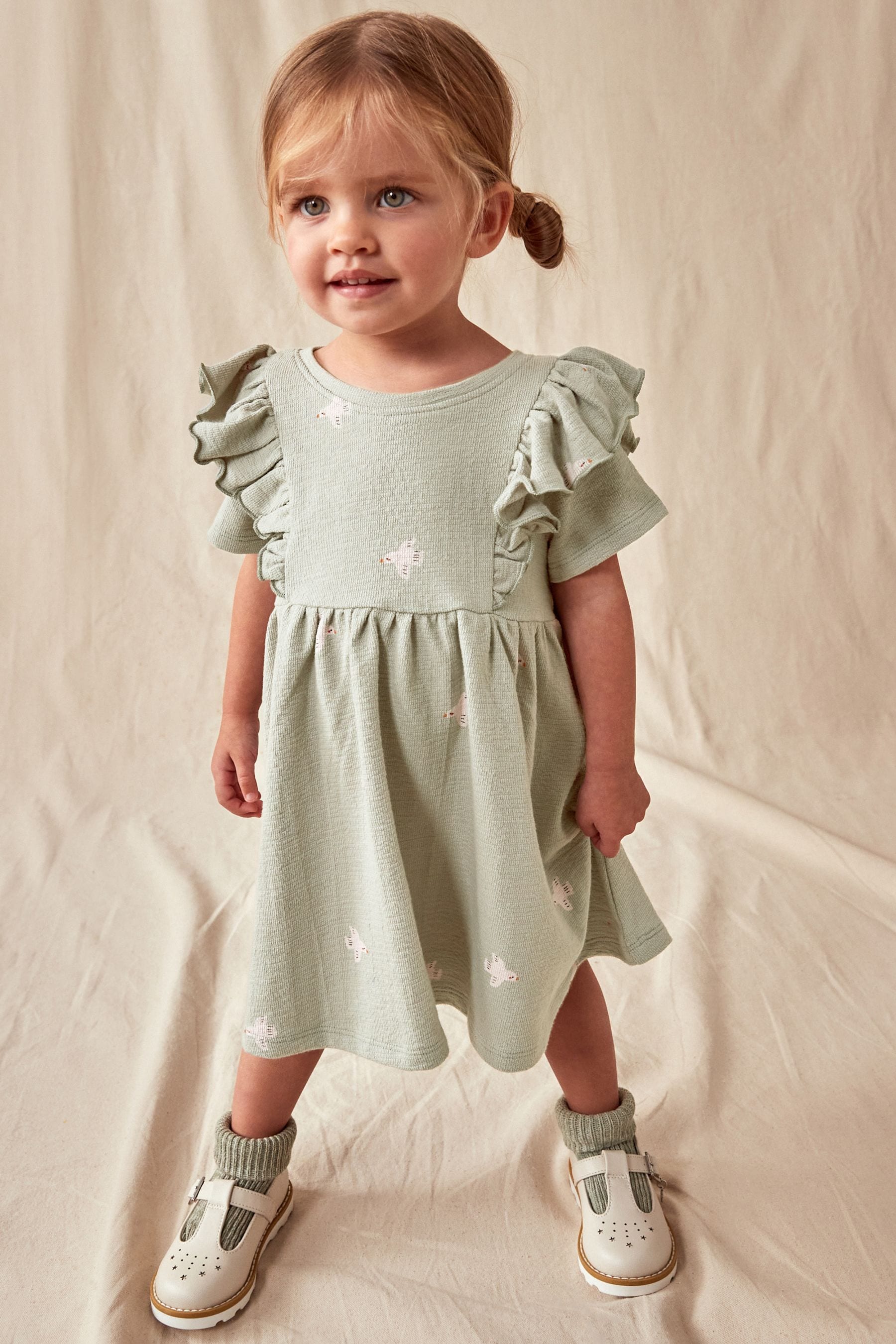 Green Short Sleeve Frill Textured Dress (3mths-7yrs)