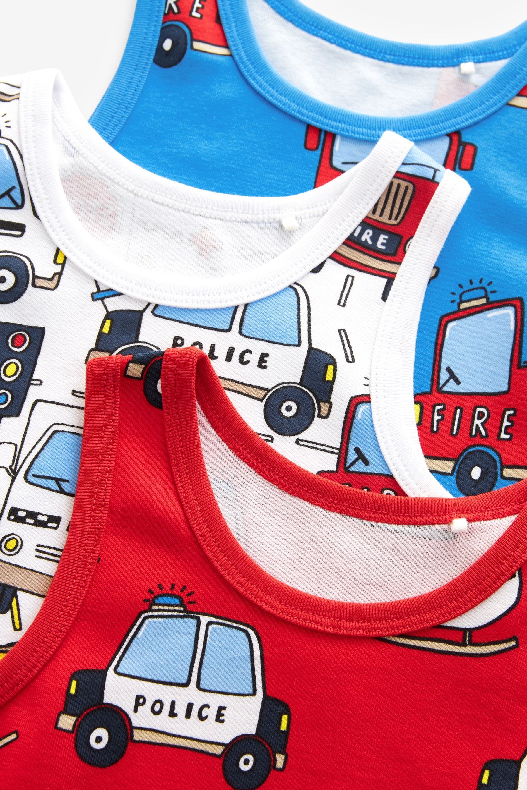 Emergency Vehicle Print 100% Cotton Printed Vests 3 Pack (1.5-8yrs)