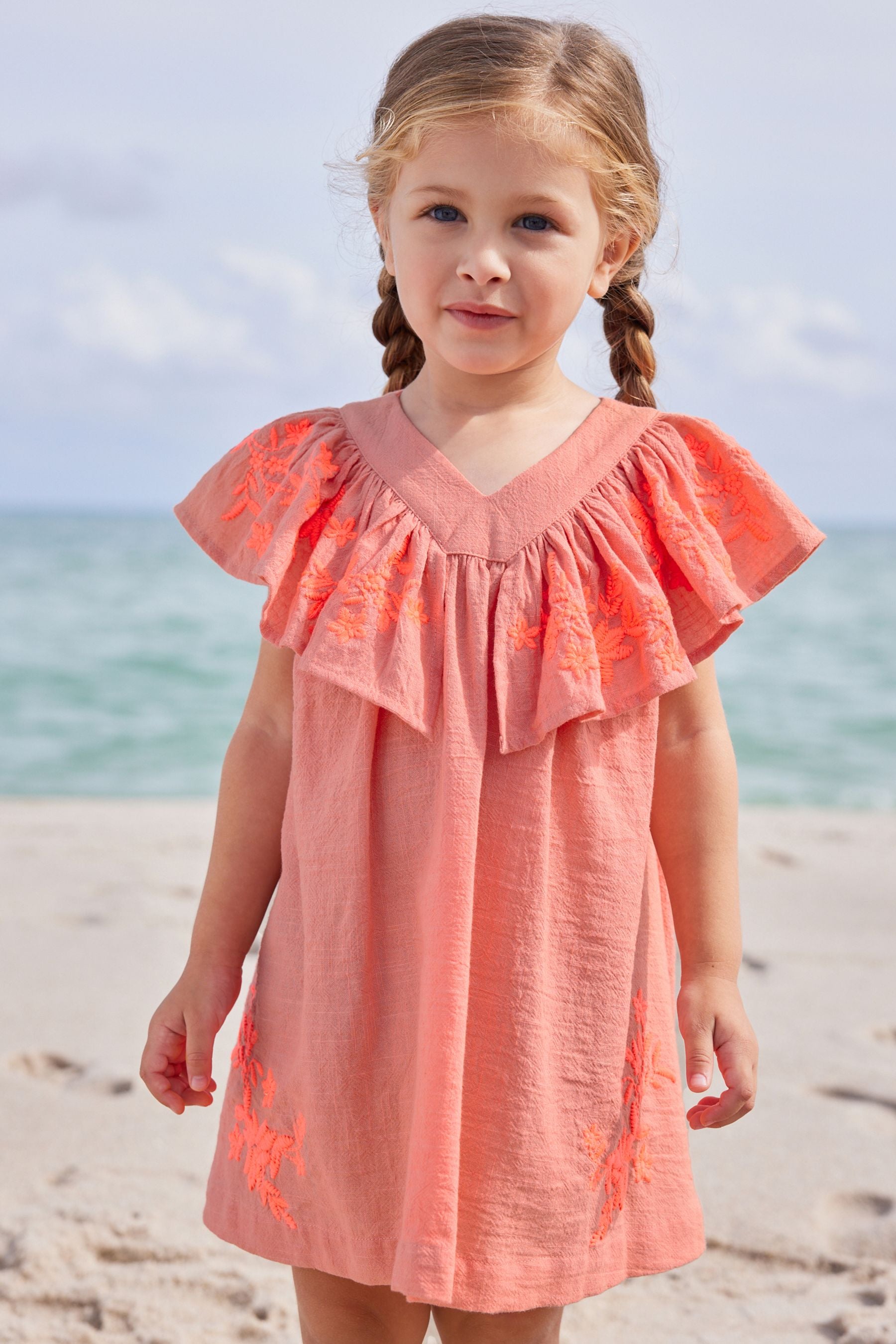 Coral Pink Embroidered Beach Dress (3mths-8yrs)