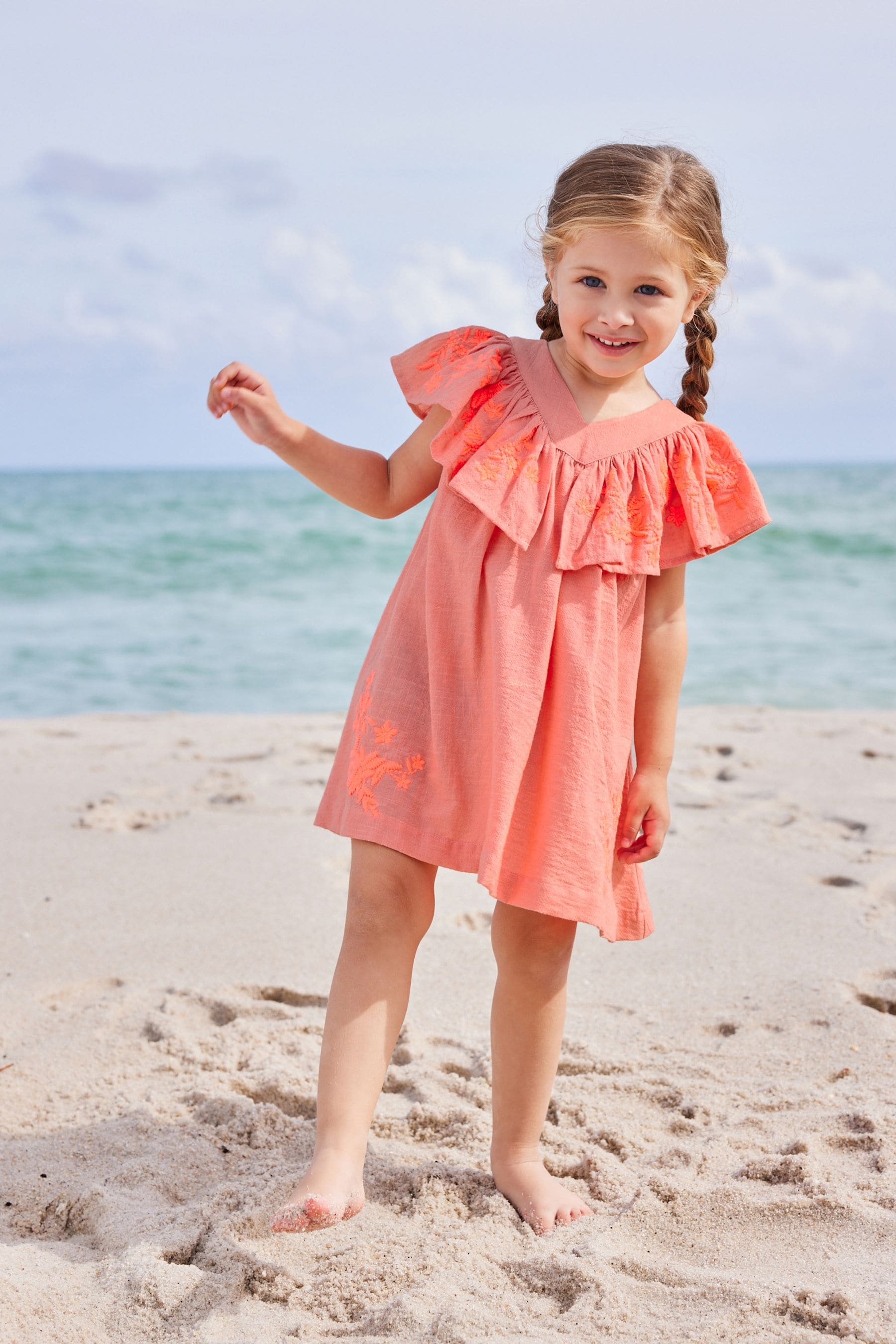 Coral Pink Embroidered Beach Dress (3mths-8yrs)