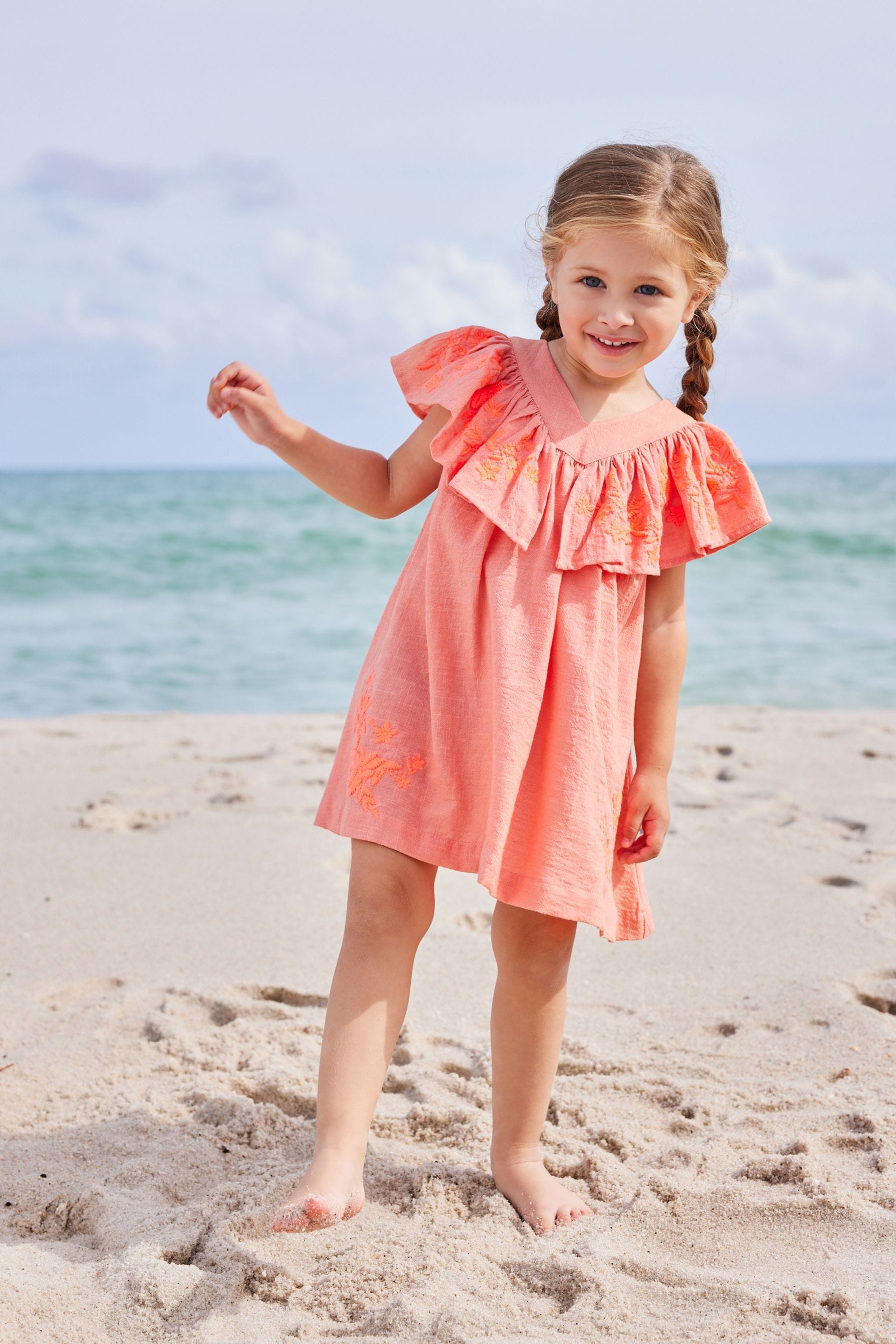 Coral Pink Embroidered Beach Dress (3mths-8yrs)