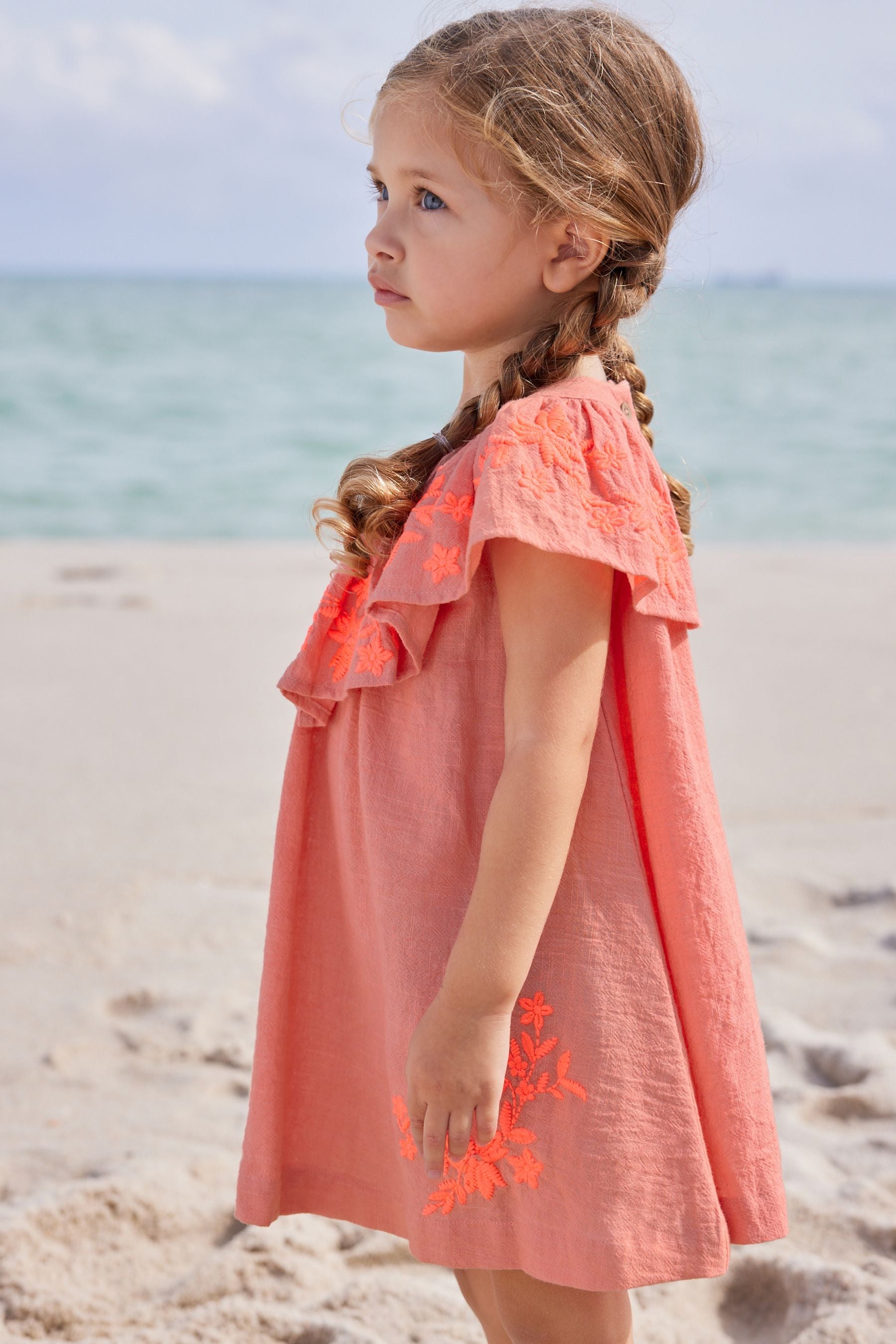 Coral Pink Embroidered Beach Dress (3mths-8yrs)