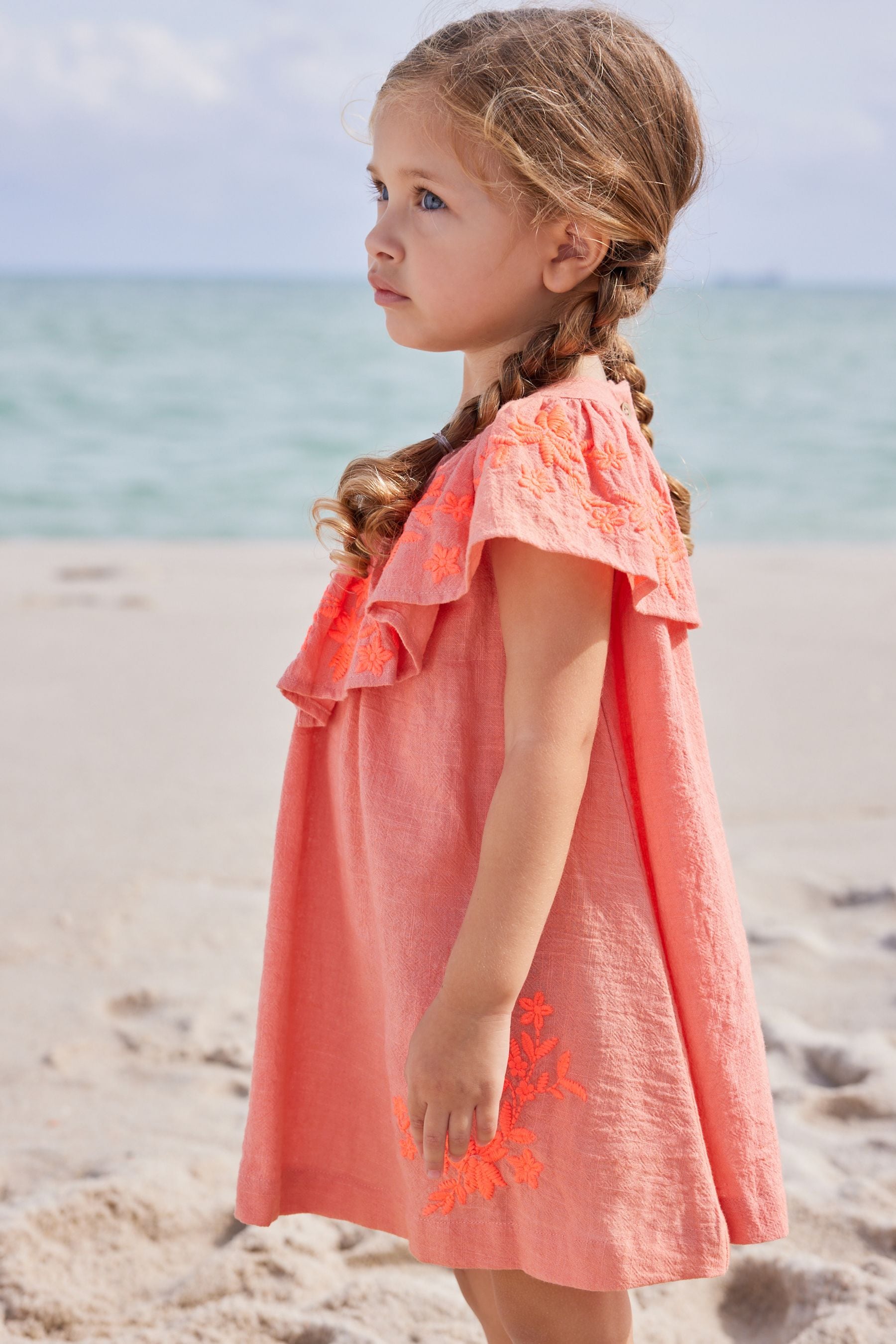 Coral Pink Embroidered Beach Dress (3mths-8yrs)