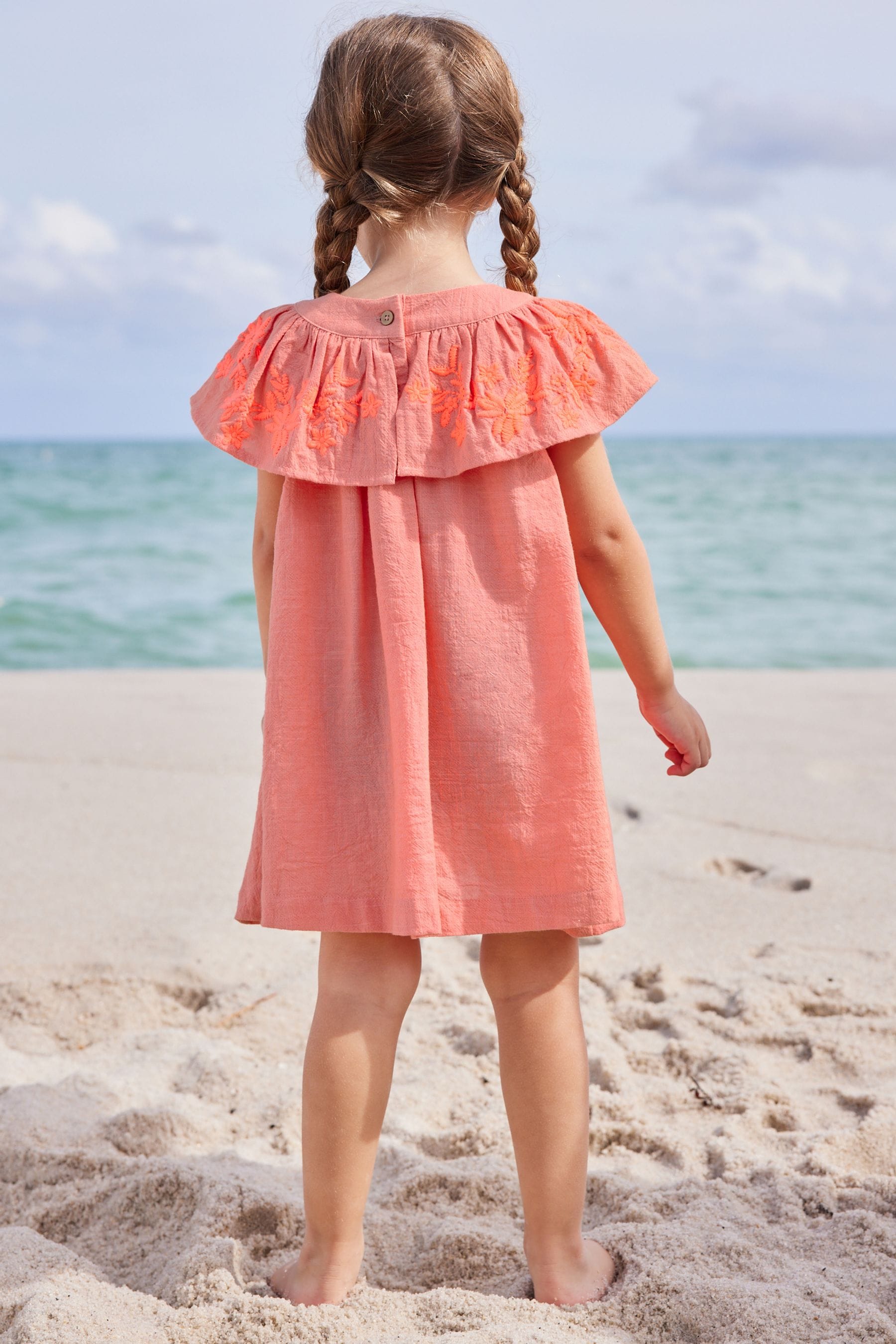 Coral Pink Embroidered Beach Dress (3mths-8yrs)