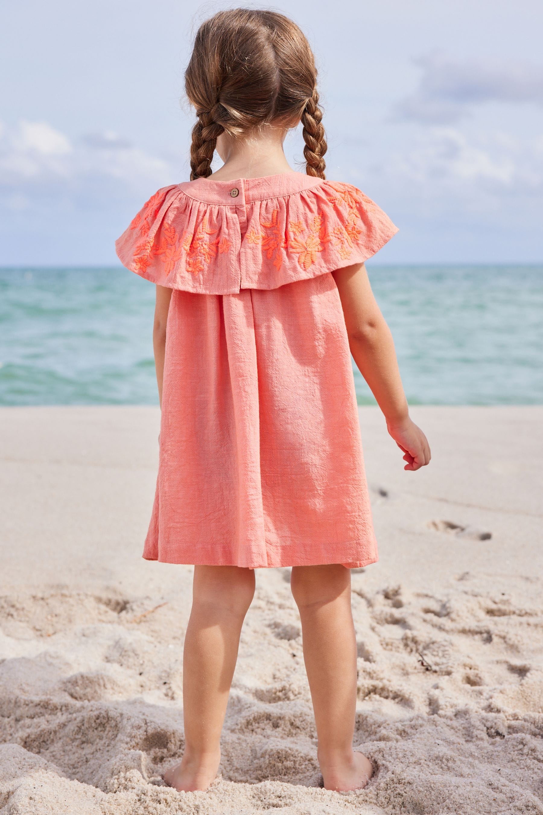 Coral Pink Embroidered Beach Dress (3mths-8yrs)