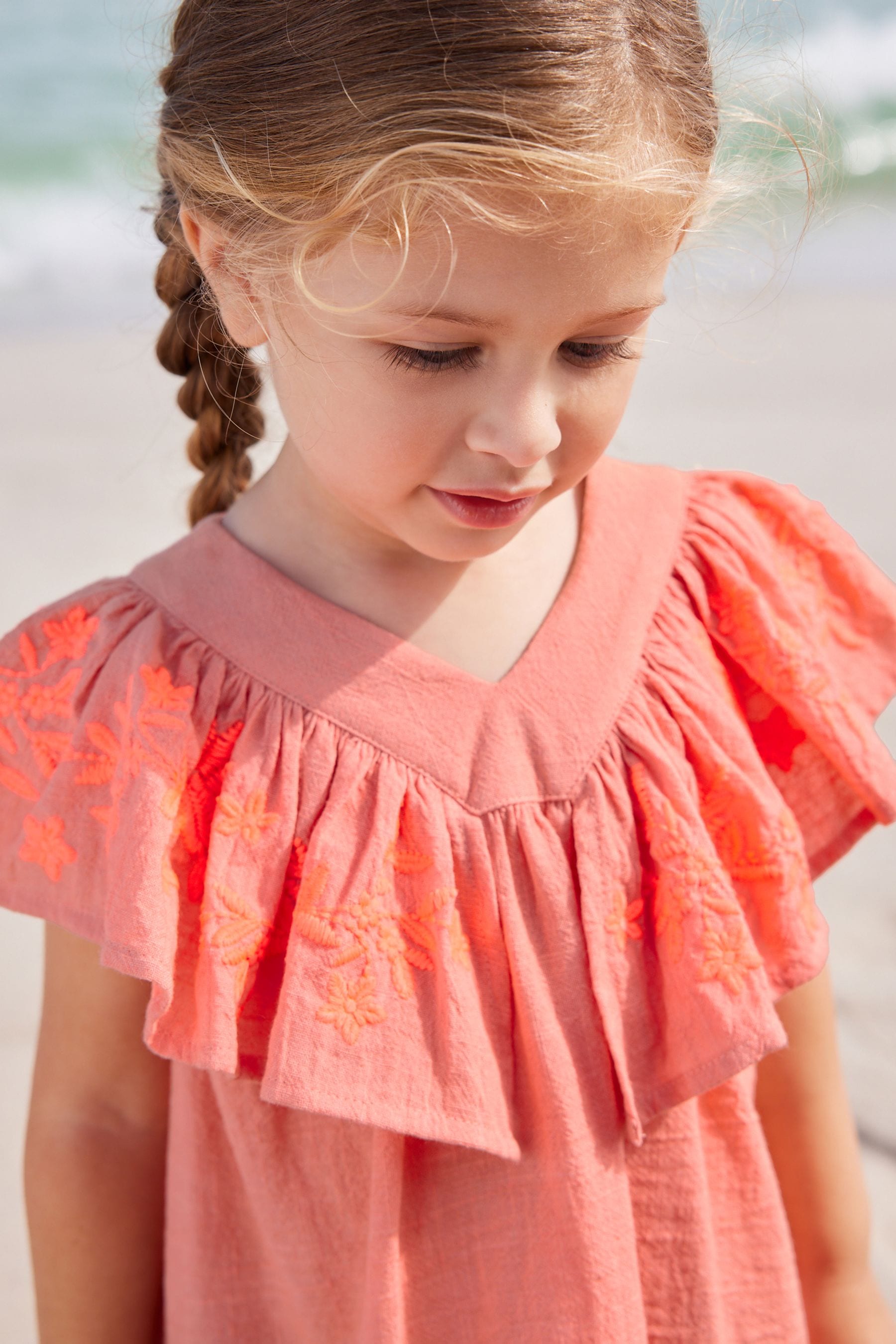 Coral Pink Embroidered Beach Dress (3mths-8yrs)