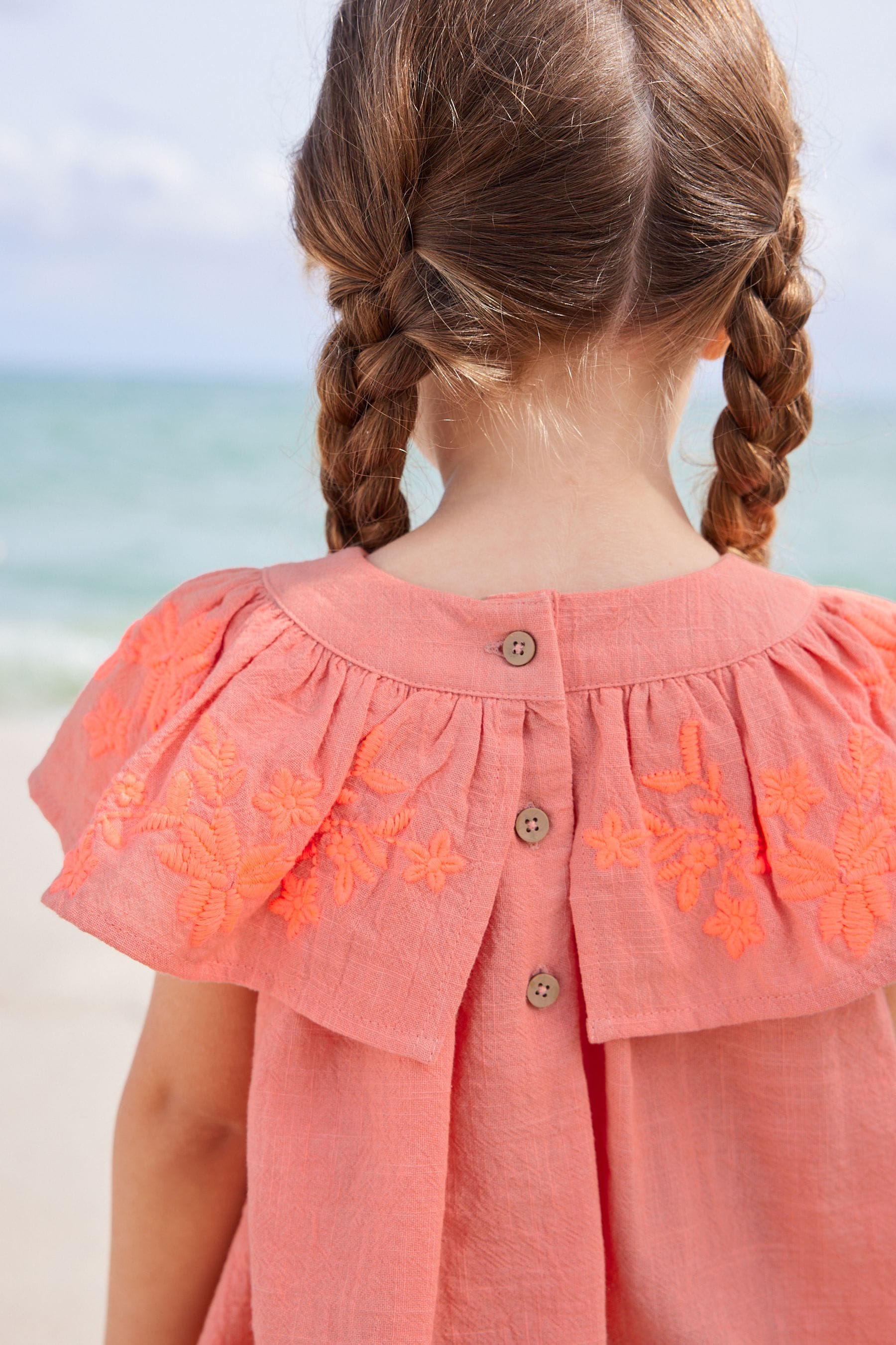 Coral Pink Embroidered Beach Dress (3mths-8yrs)