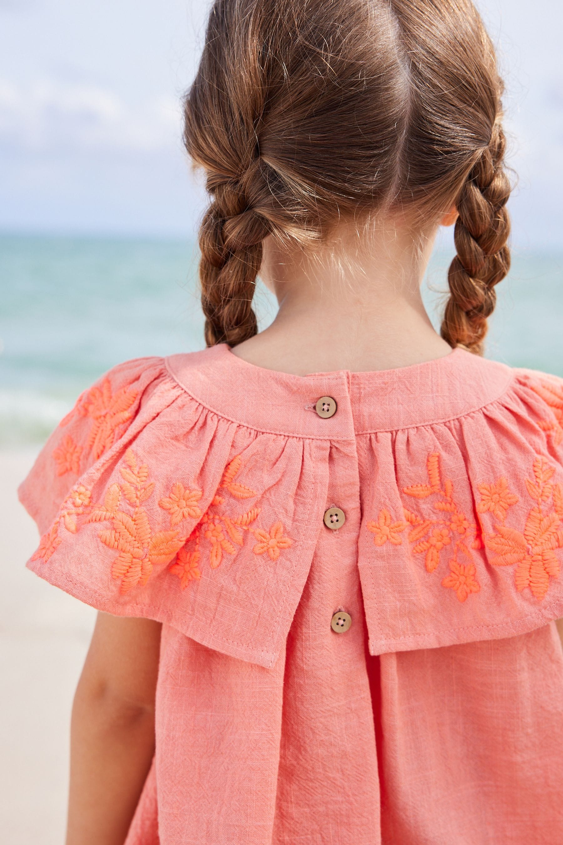 Coral Pink Embroidered Beach Dress (3mths-8yrs)