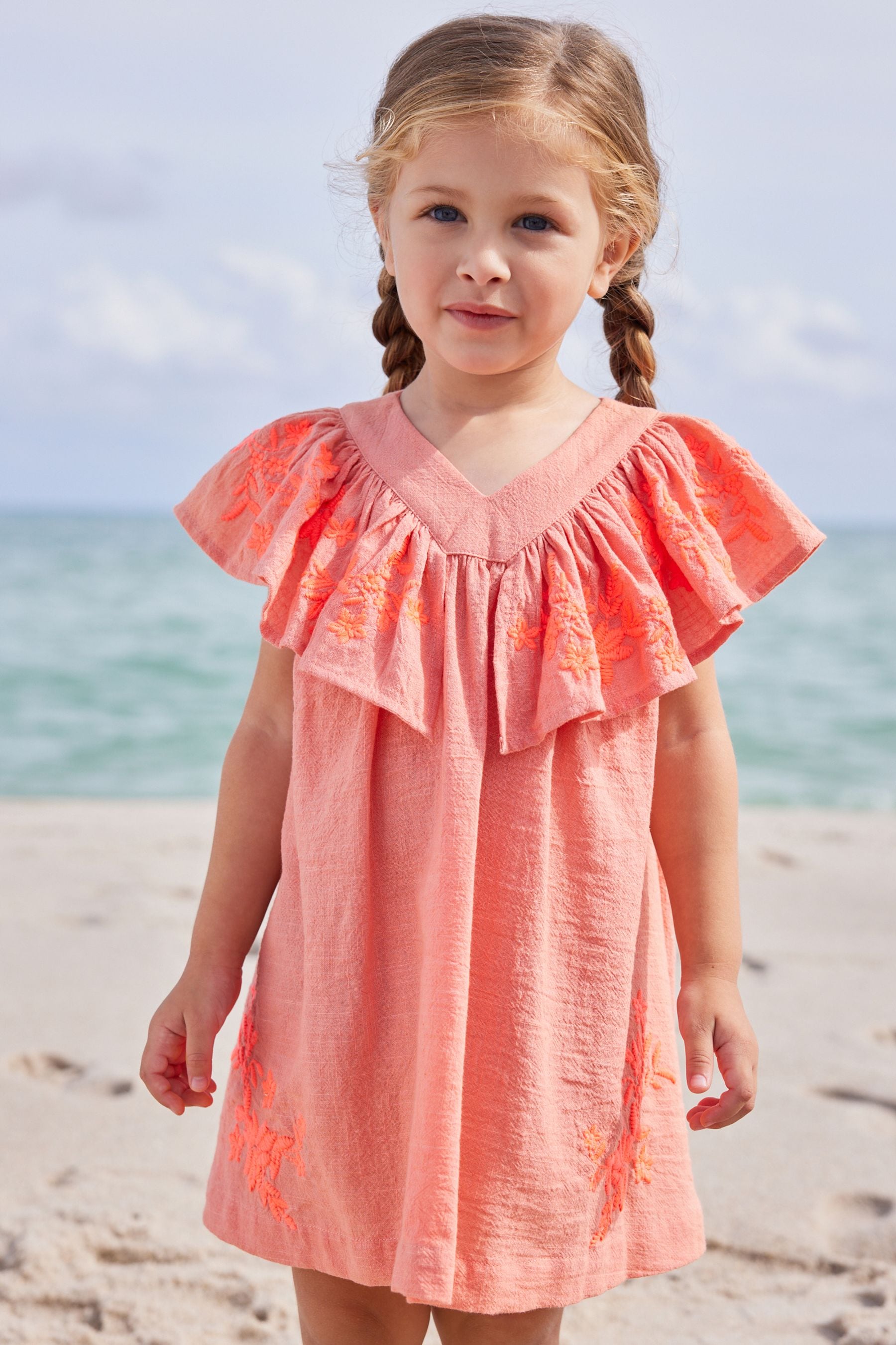 Coral Pink Embroidered Beach Dress (3mths-8yrs)