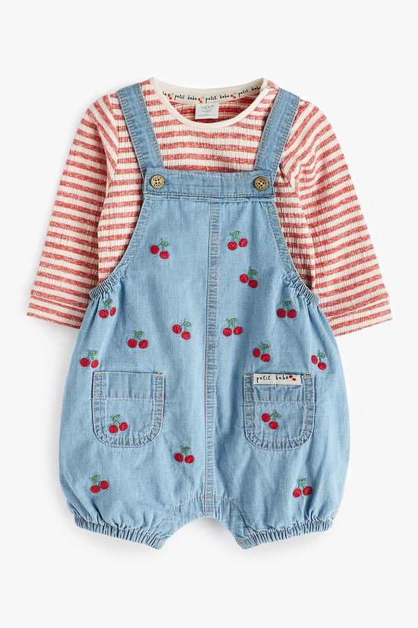 Denim Cherry Baby Long Sleeve Bodysuit and Shorts Leg Dungarees Set (0mths-2yrs)