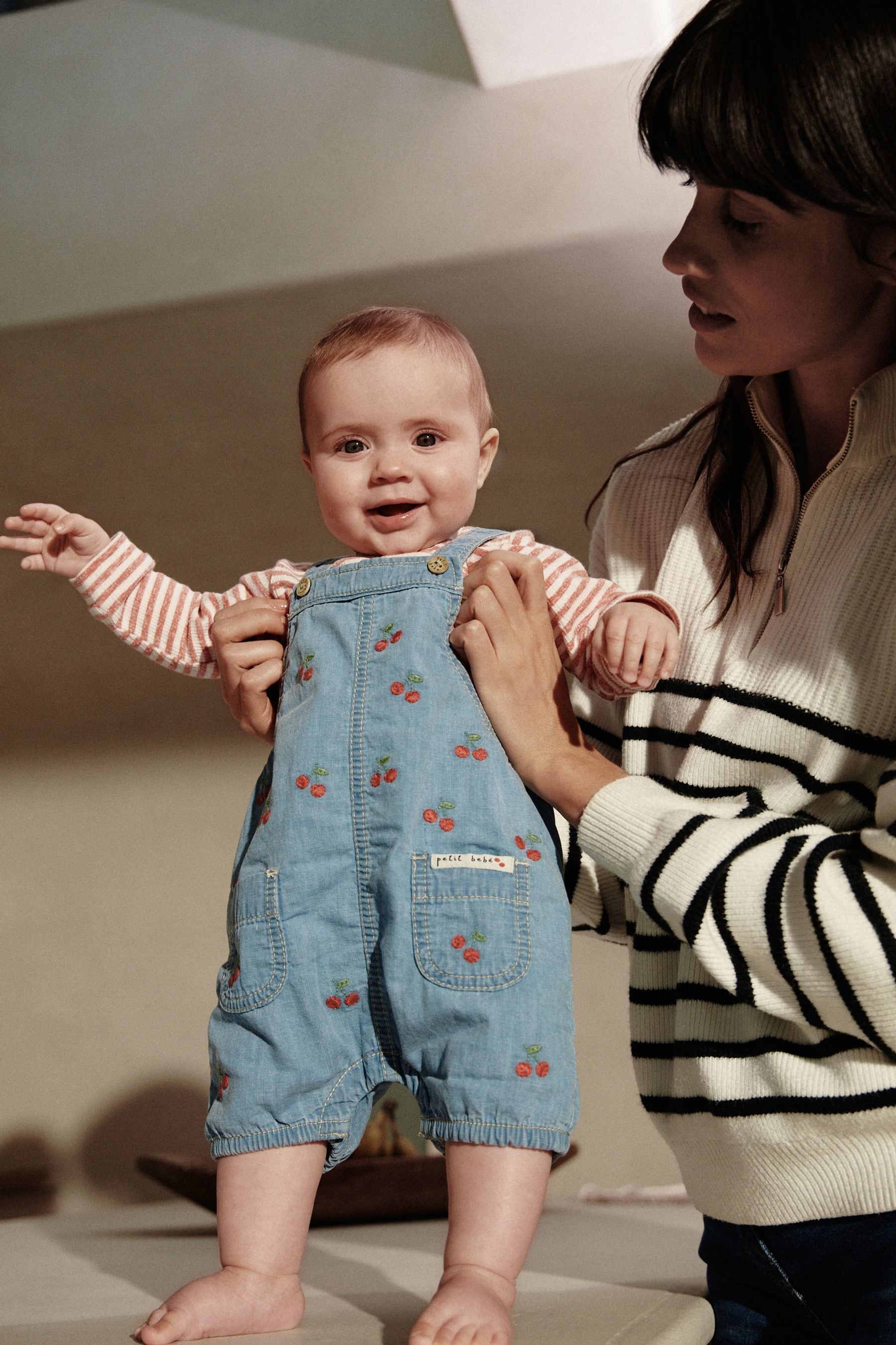 Denim Cherry Baby Long Sleeve Bodysuit and Shorts Leg Dungarees Set (0mths-2yrs)