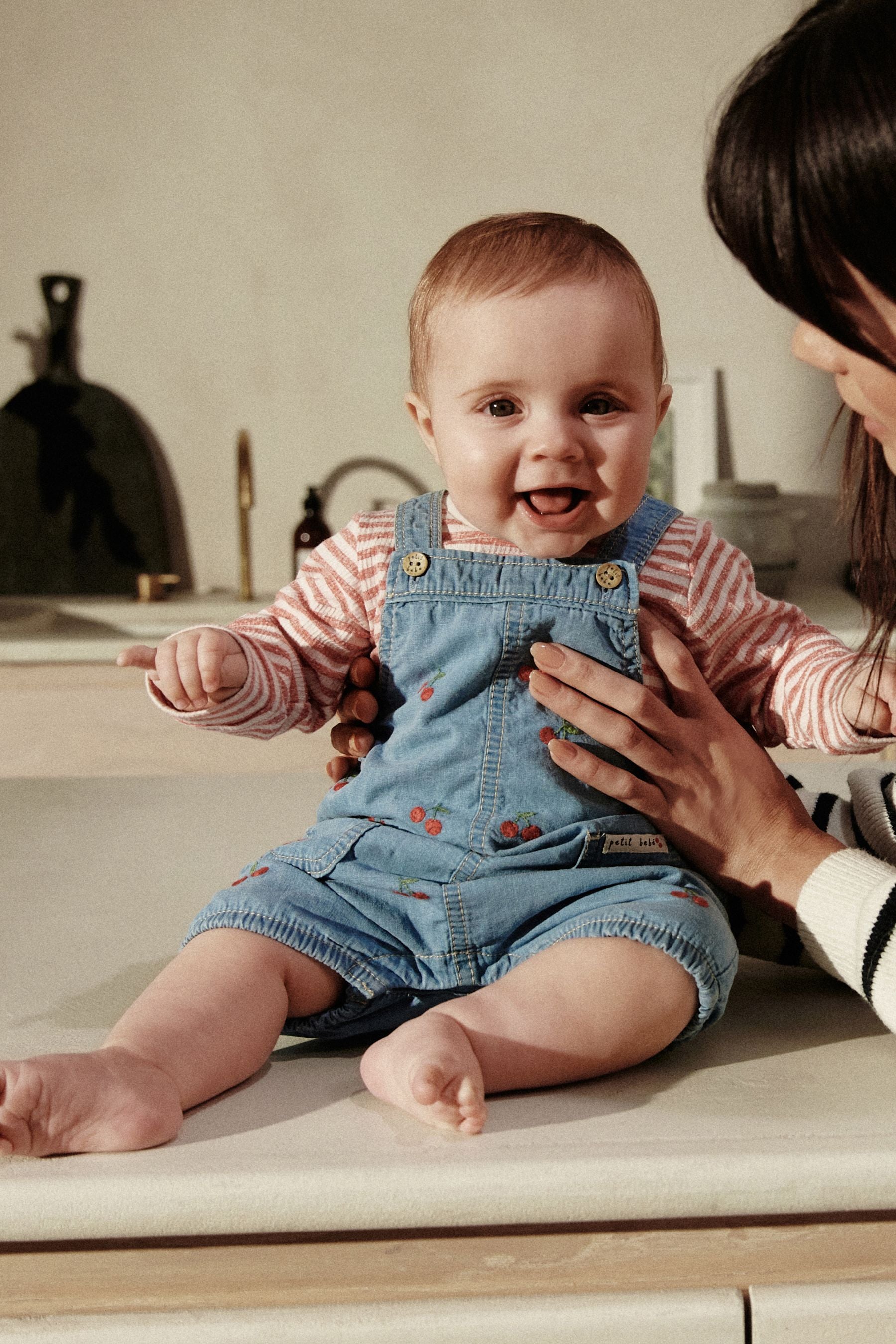 Denim Cherry Baby Long Sleeve Bodysuit and Shorts Leg Dungarees Set (0mths-2yrs)