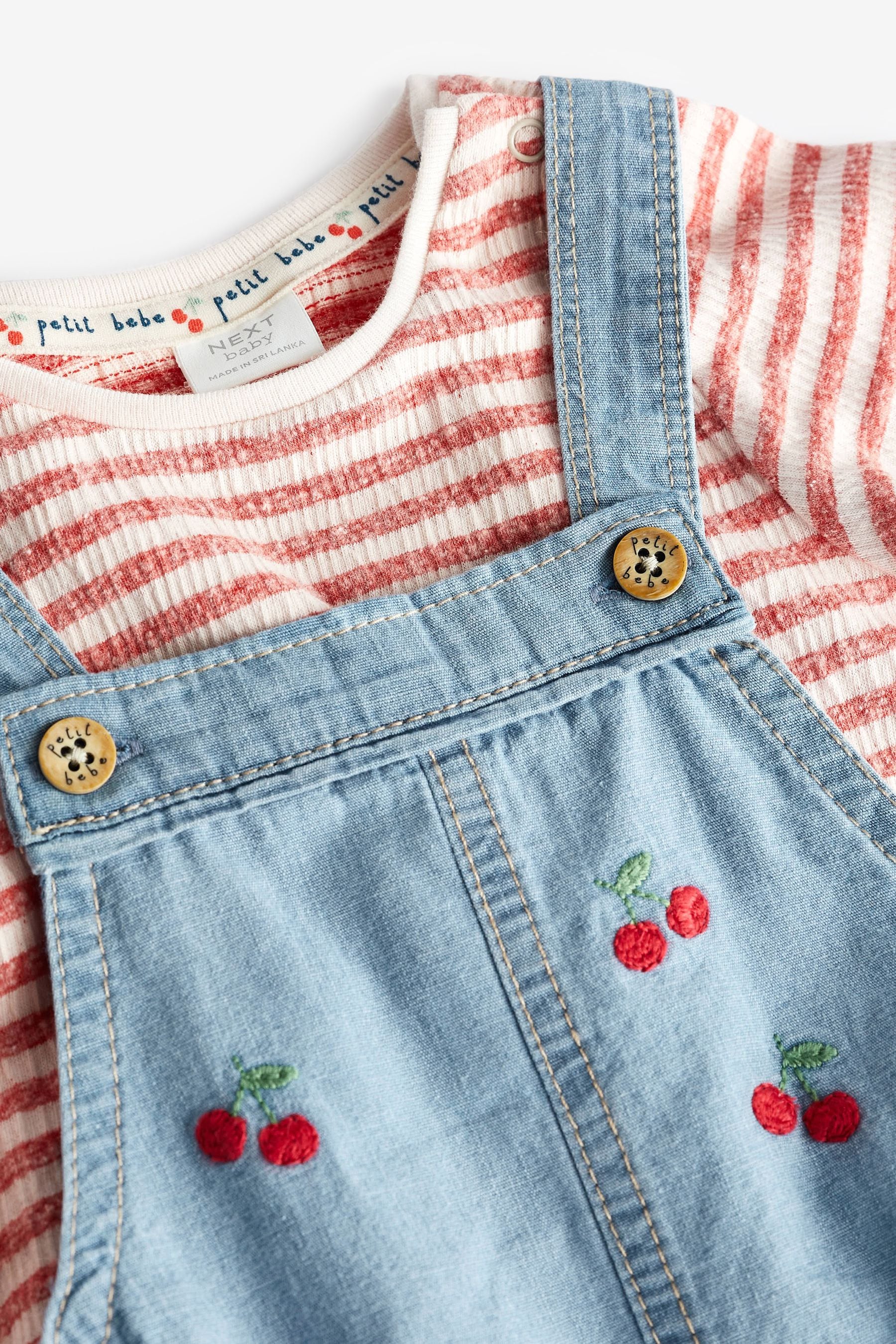 Denim Cherry Baby Long Sleeve Bodysuit and Shorts Leg Dungarees Set (0mths-2yrs)