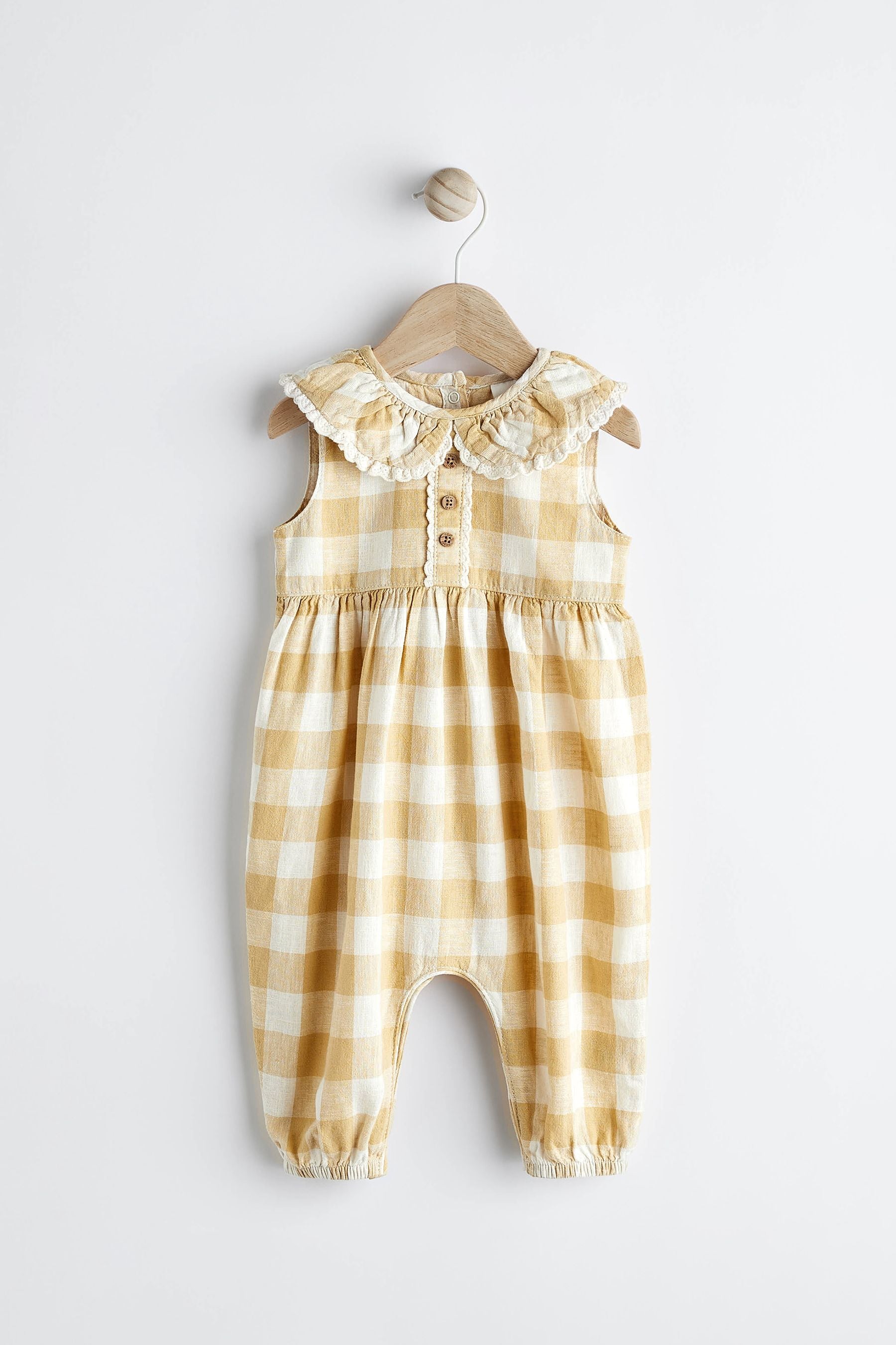 Ochre Yellow Gingham Collared Baby Woven Jumpsuit (0mths-2yrs)