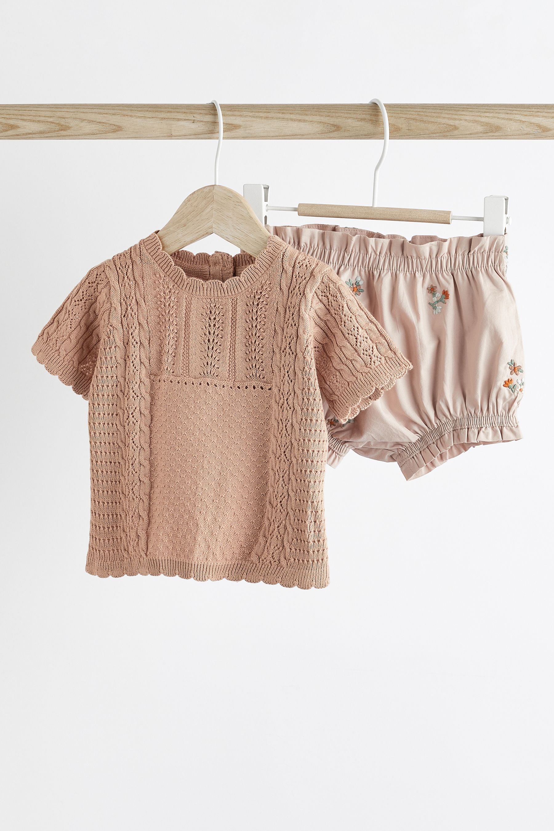 Rust Brown/Pink Baby Knitted Top and Woven Shorts Set (0mths-2yrs)