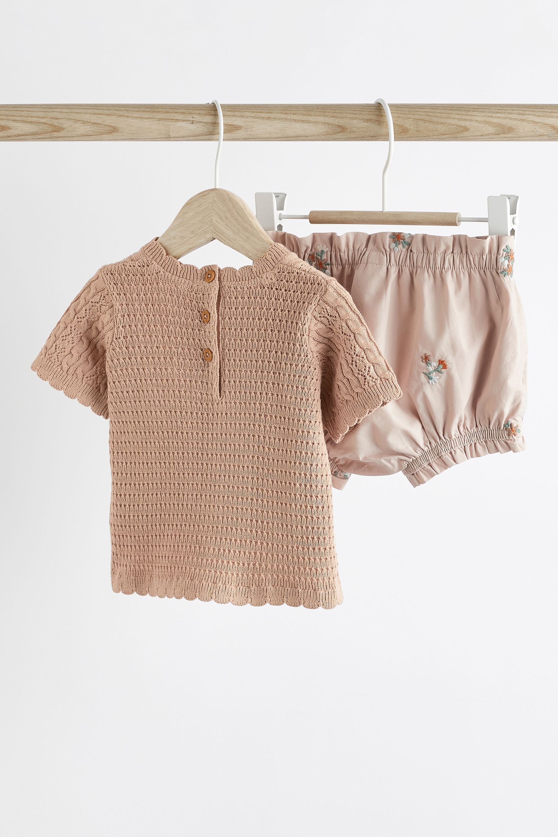 Rust Brown/Pink Baby Knitted Top and Woven Shorts Set (0mths-2yrs)