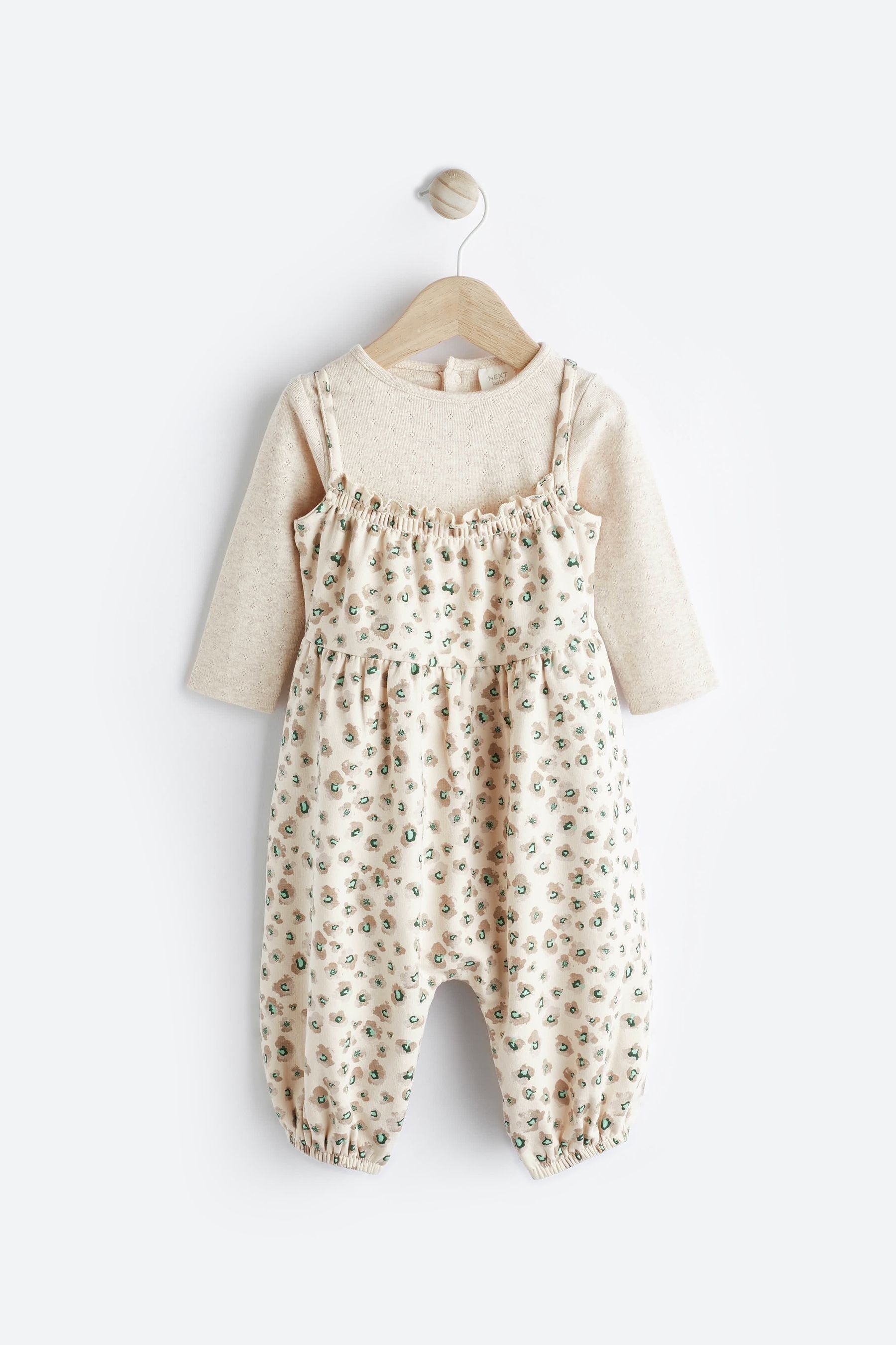 Tan Brown/Cream Leopard Print 100% Cotton Bodysuit & Baby Dungarees Set (0mths-3yrs)