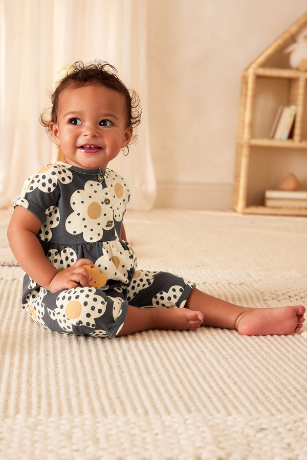 Monochrome Flower Print Baby Short Sleeve Wide Leg Jumpsuit (0mths-3yrs)