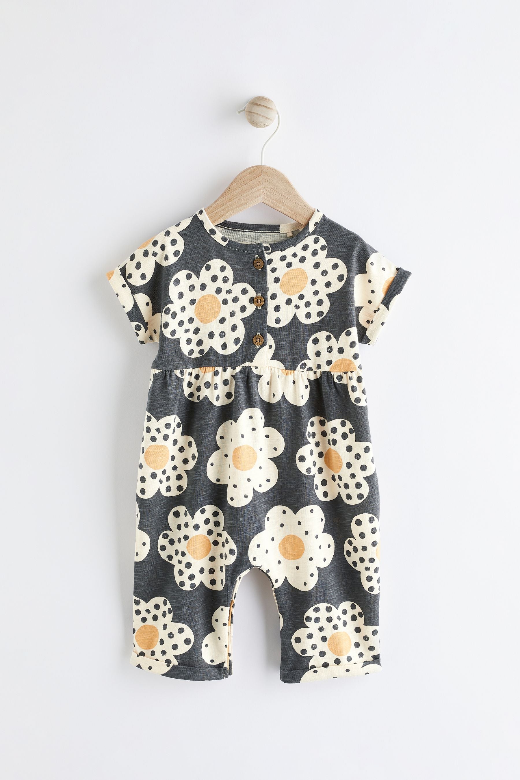 Monochrome Flower Print Baby Short Sleeve Wide Leg Jumpsuit (0mths-3yrs)