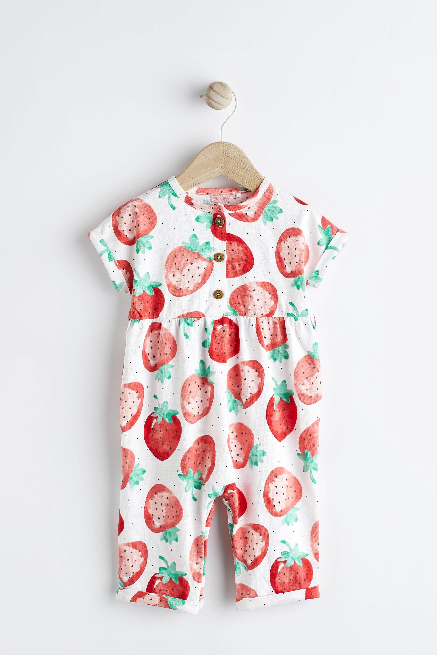 Pink & White Strawberry Print Baby Short Sleeve Wide Leg Jumpsuit (0mths-3yrs)