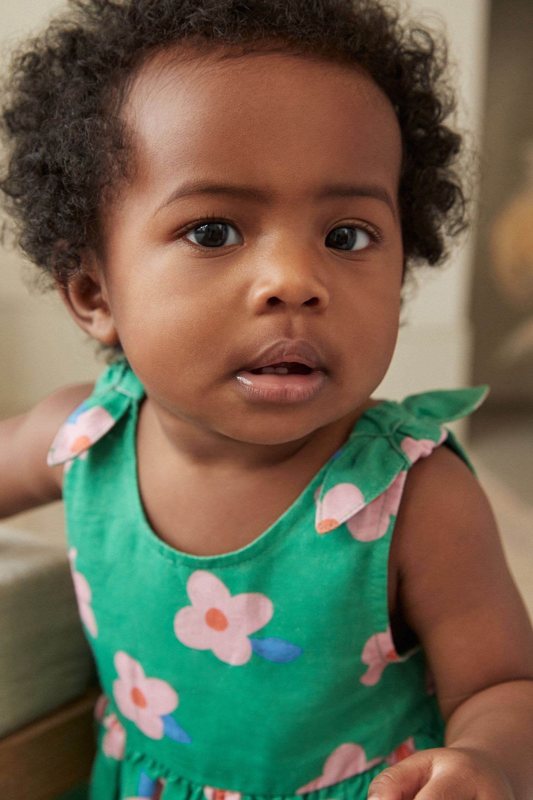 Green Floral Woven Baby Dress (0mths-2yrs)