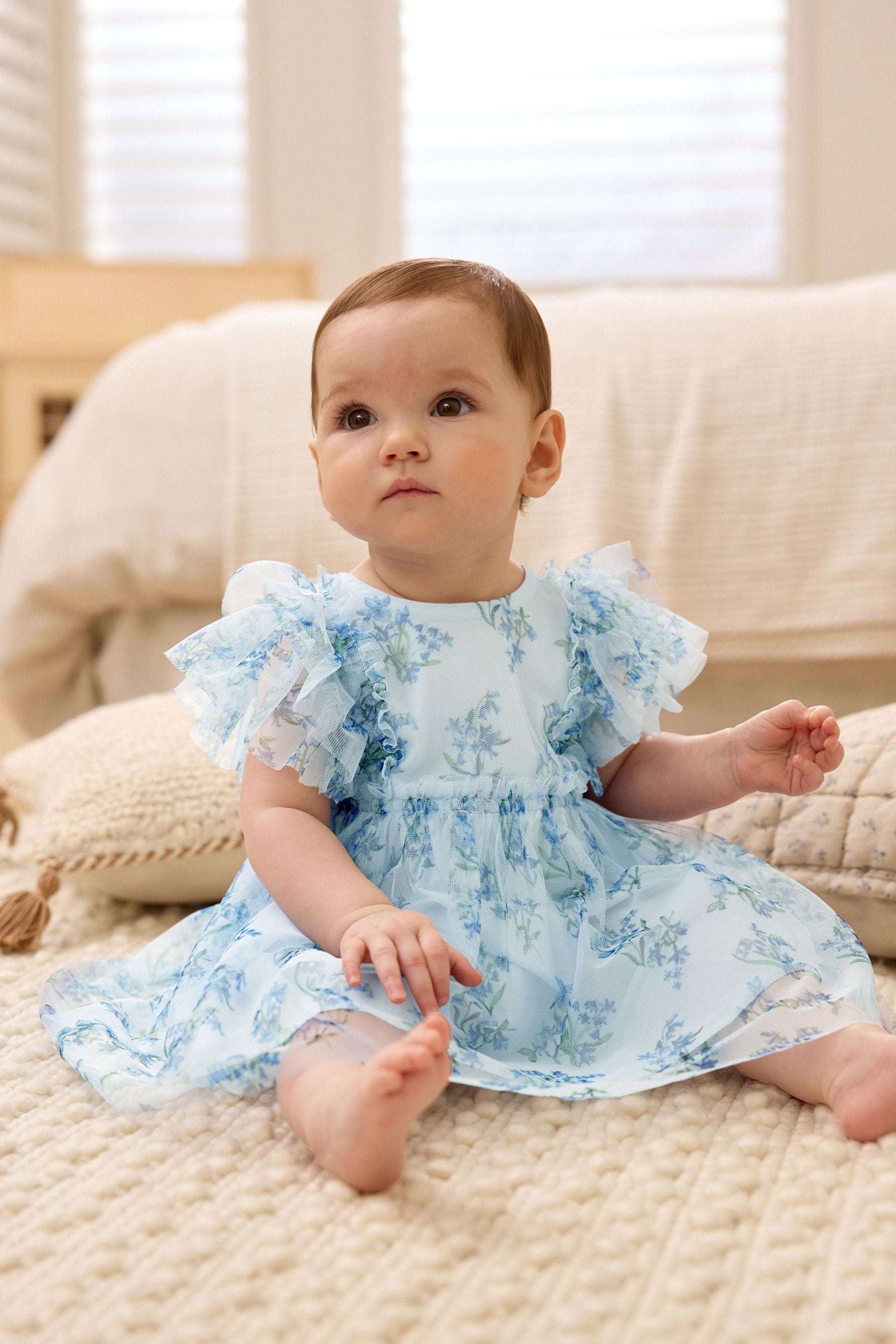 Blue Floral Baby Party Frill Sleeve Dress (0mths-2yrs)