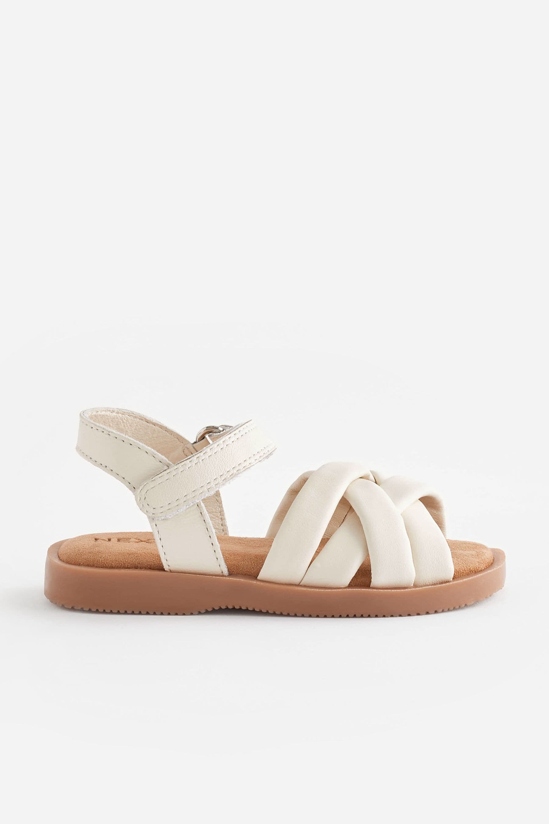 White Leather Woven Sandals With Touch Fastening