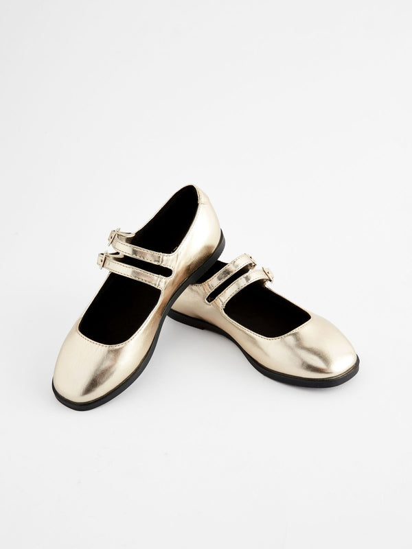 Gold Metallic Double Strap Mary Jane Shoes