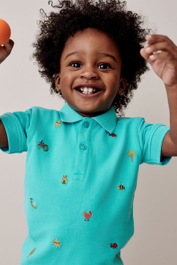 Blue All Over 100% Cotton Embroidered Short Sleeve Polo Shirt (3mths-7yrs)