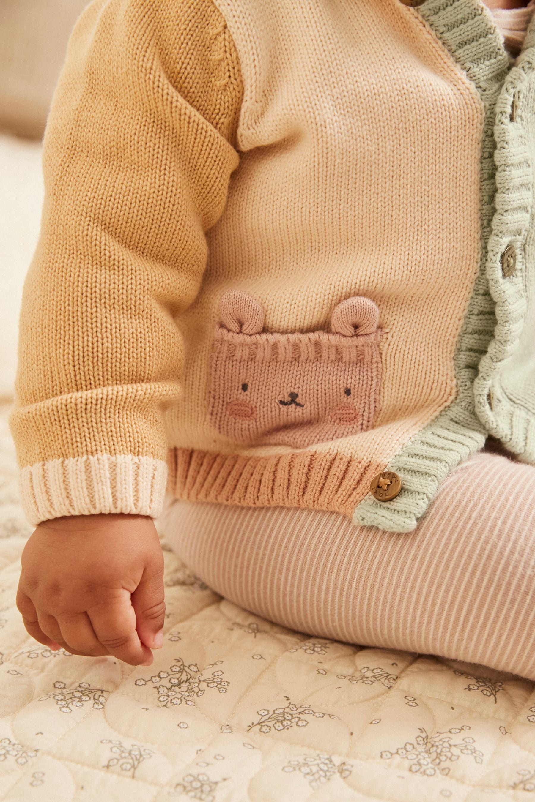 Tan Brown/Green/Yellow Colourblock Knitted Baby Cardigan