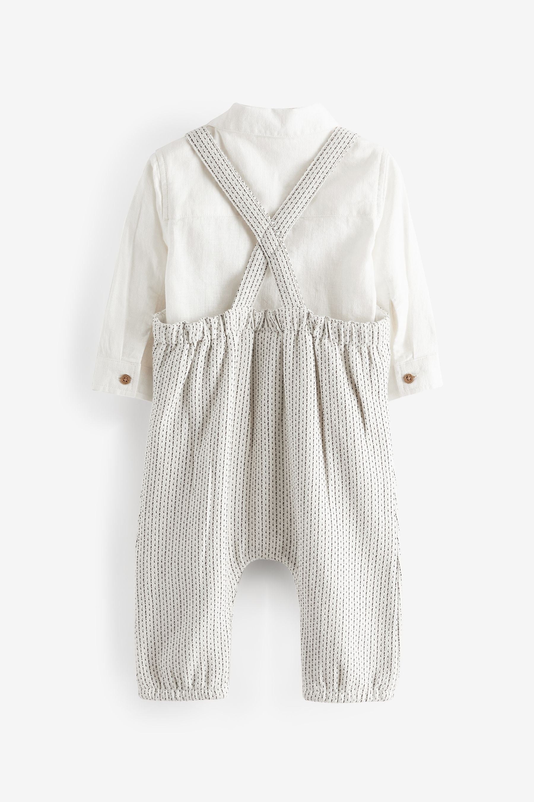 Grey/White Cotton/Linen Mix Baby Woven Dungarees And Shirt Set (0mths-3yrs)