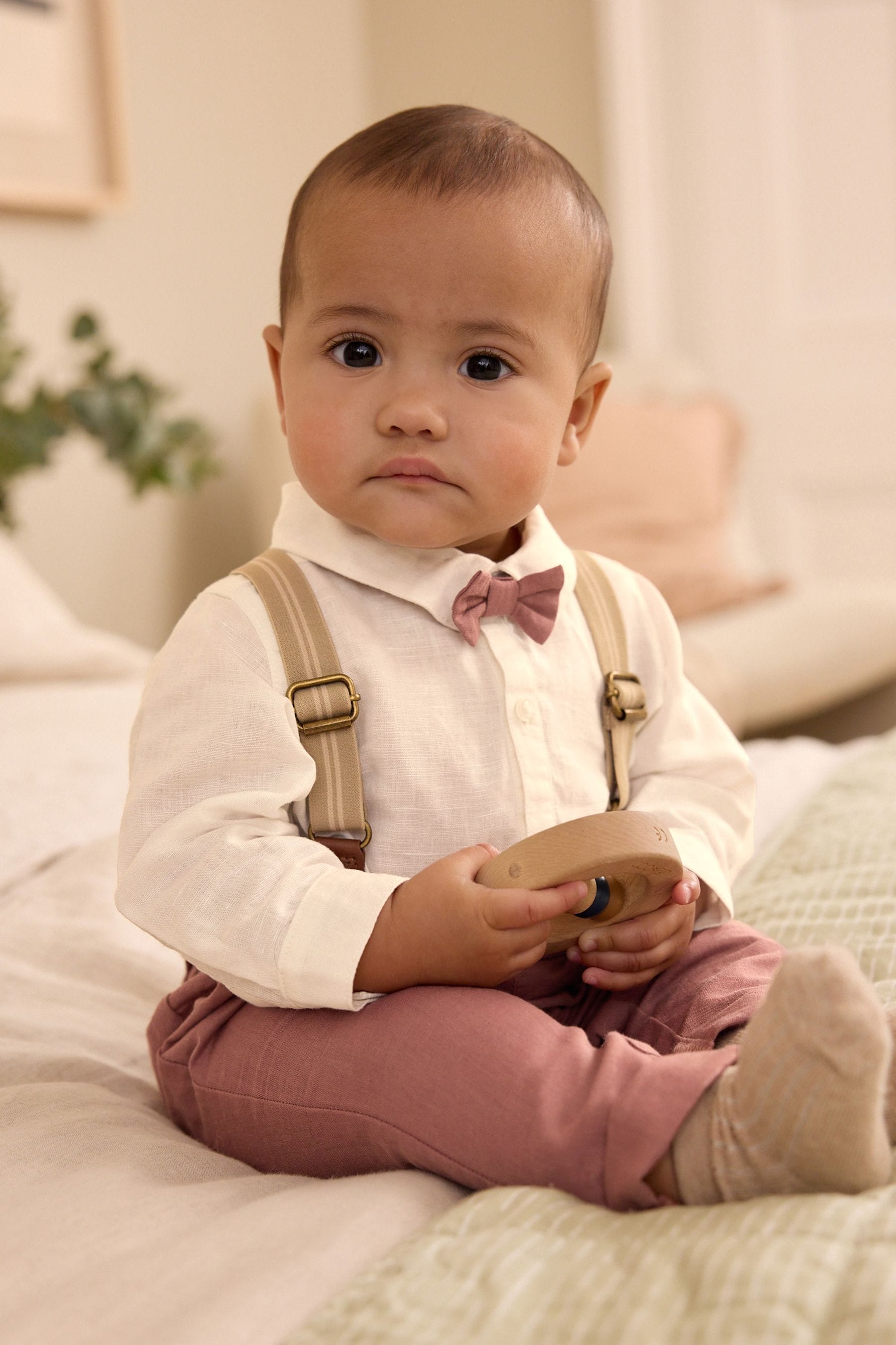 White/Rust Baby Shirt, Trousers and Braces 3 Piece Set (0mths-2yrs)