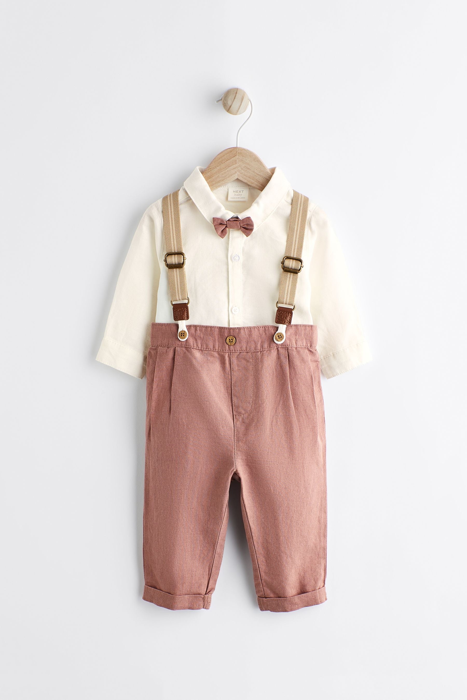 White/Rust Baby Shirt, Trousers and Braces 3 Piece Set (0mths-2yrs)