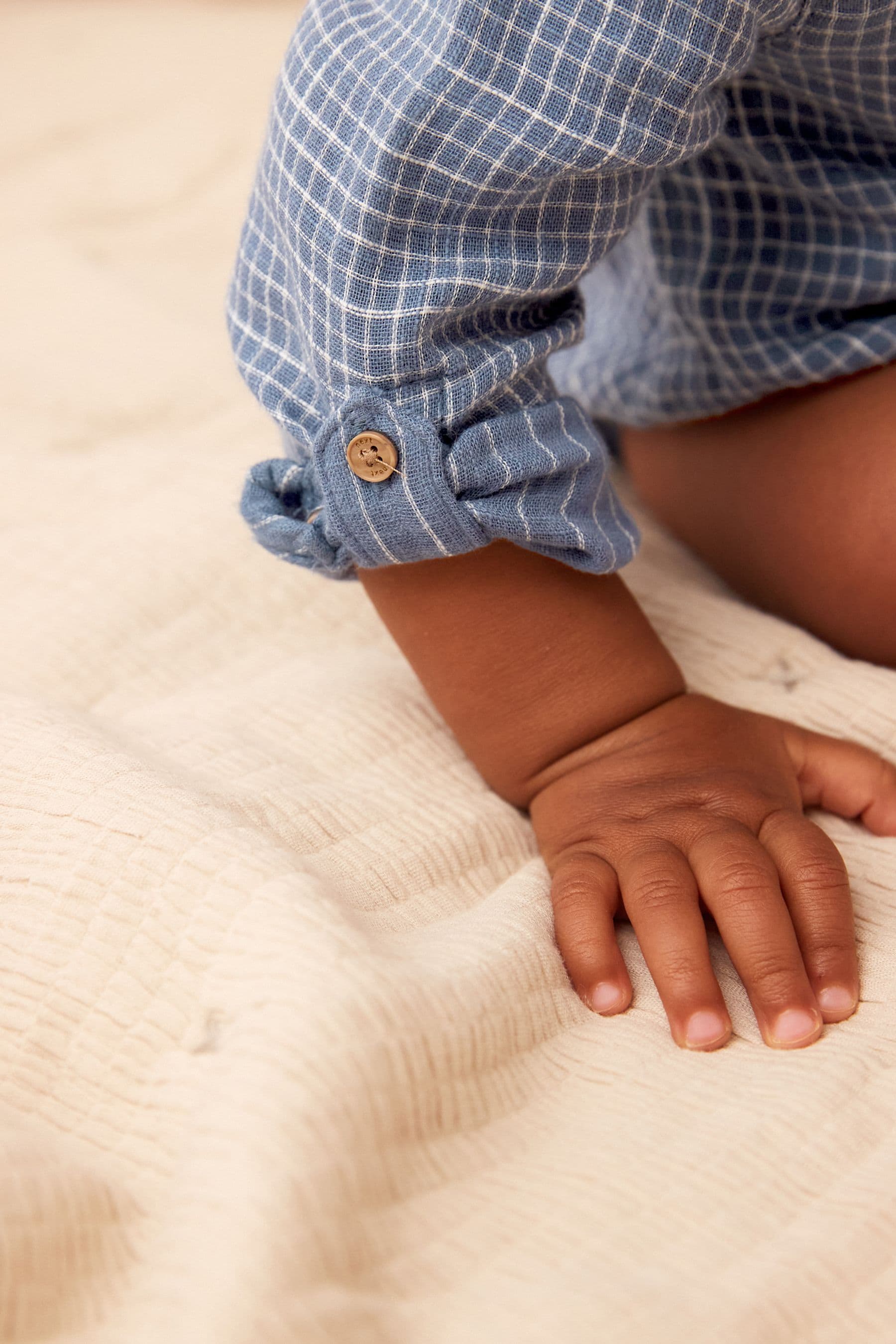 Blue Woven Long Sleeve Bloomer Romper (0mths-2yrs)