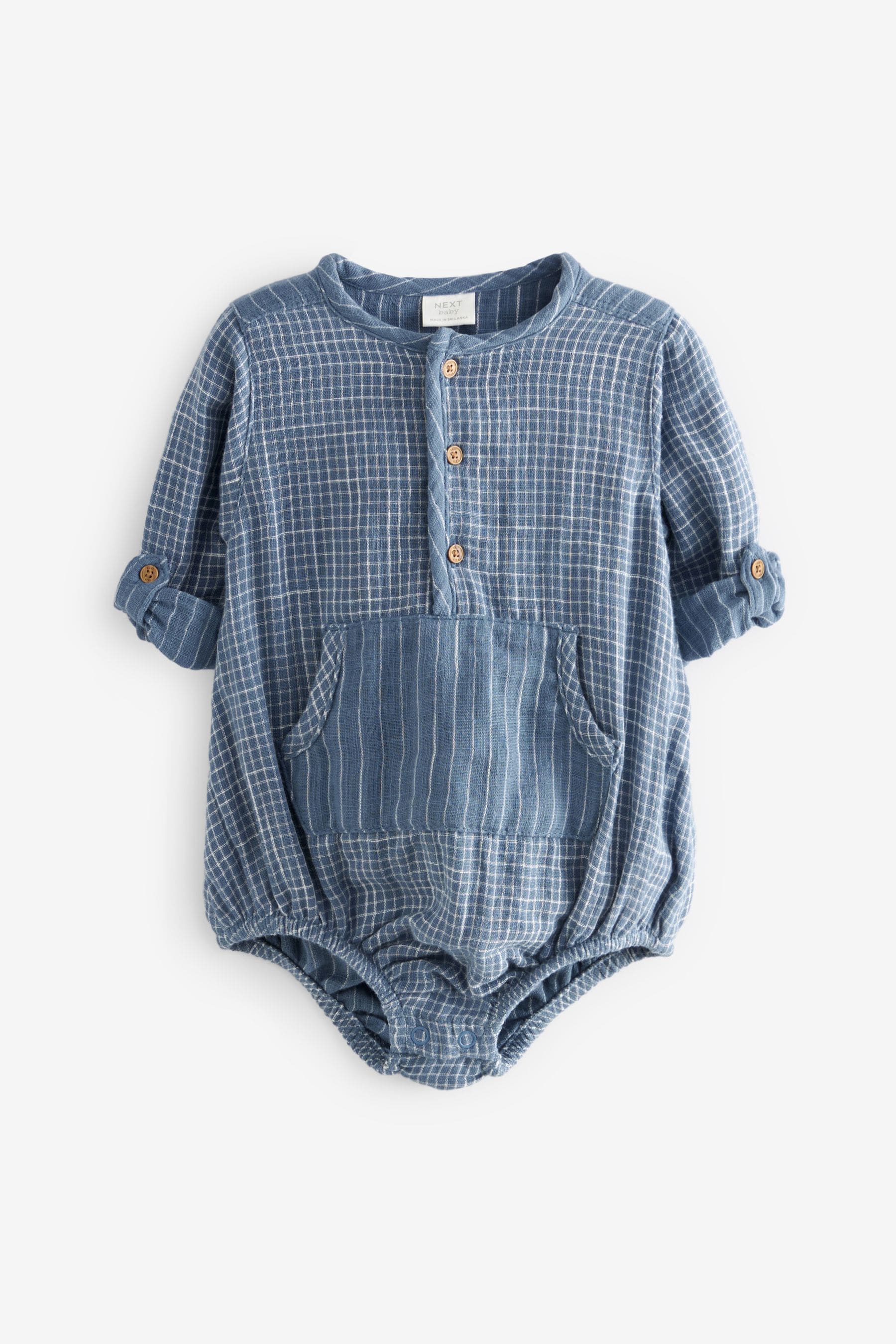 Blue Woven Long Sleeve Bloomer Romper (0mths-2yrs)