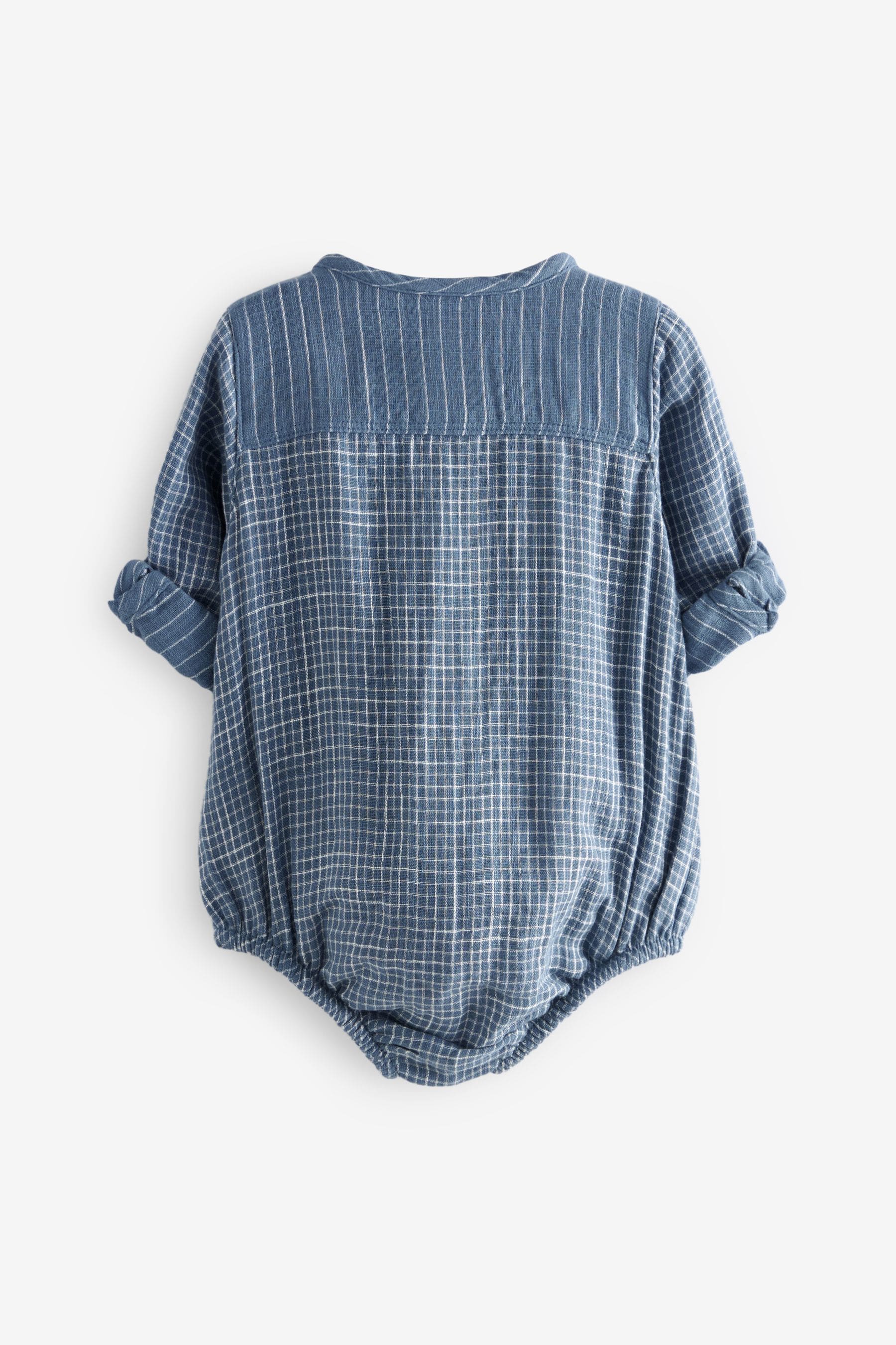 Blue Woven Long Sleeve Bloomer Romper (0mths-2yrs)