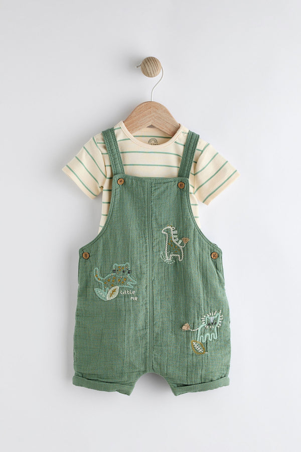 Green Safari Woven Dungarees And Bodysuit Set (0mths-2yrs)