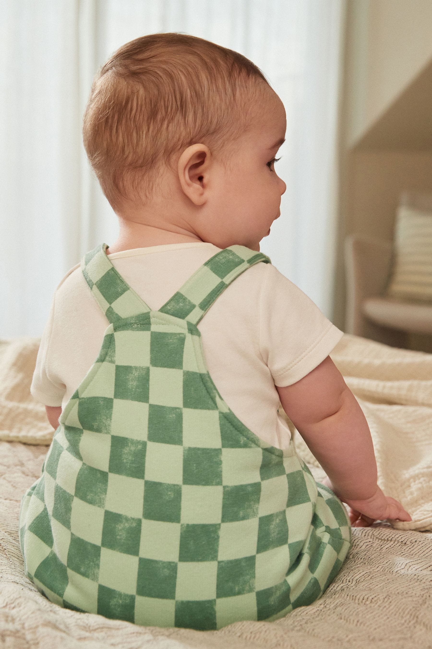 Green/White Checkerboard Baby Jersey Dungarees and Bodysuit Set (0mths-2yrs)