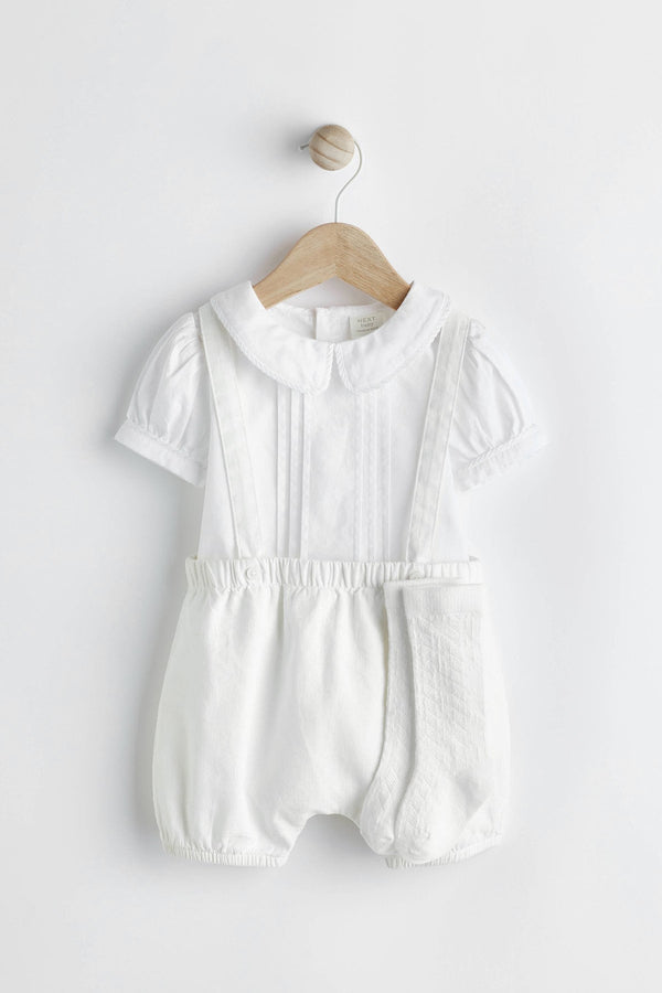 White Smart Shirt, Shorts And Socks With Linen 3 Piece Set (0mths-2yrs)