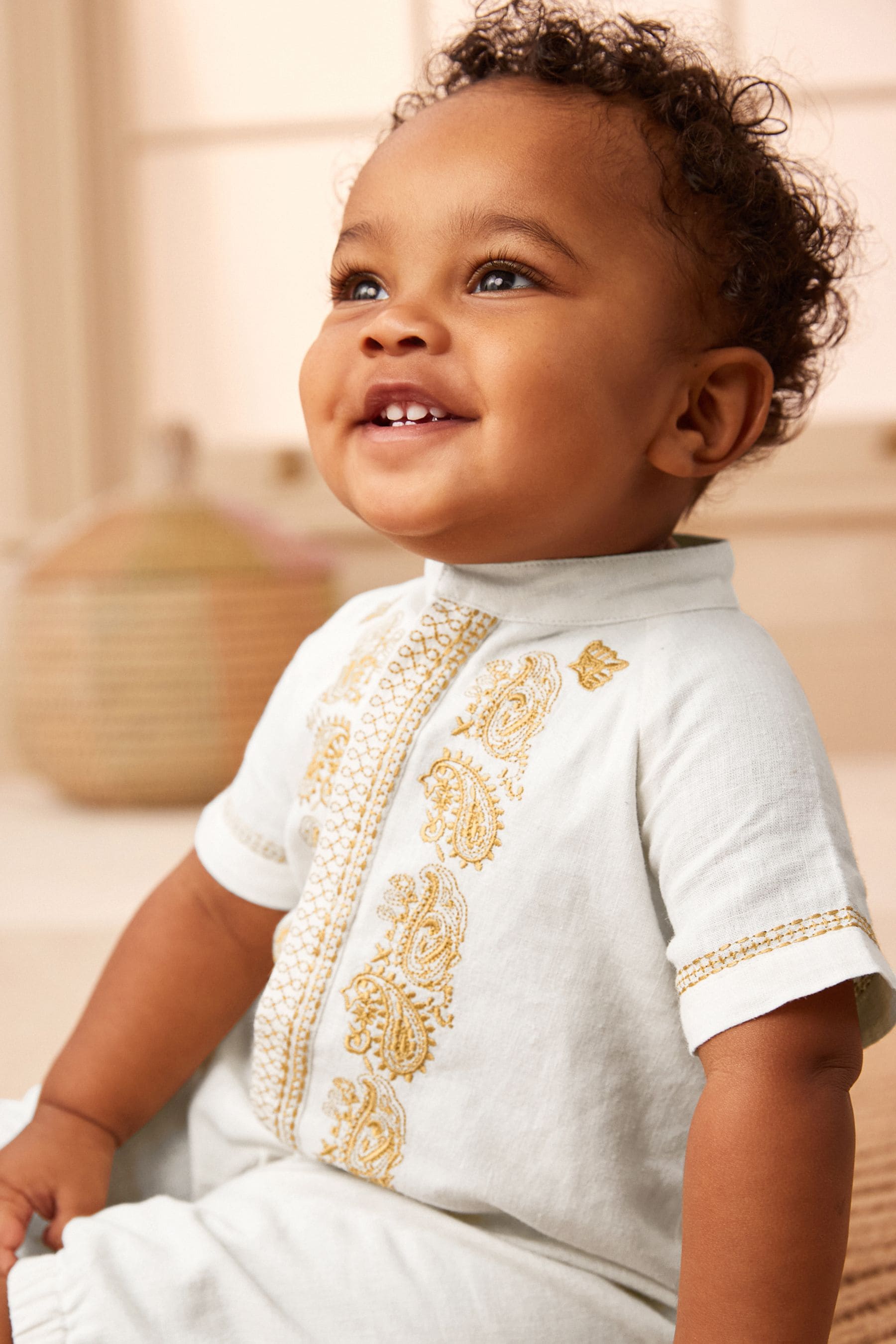 White Occasion Linen Blend Baby Romper (0mths-2yrs)