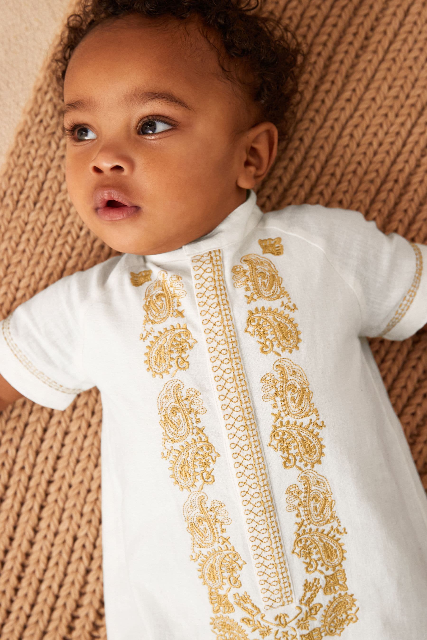 White Occasion Linen Blend Baby Romper (0mths-2yrs)