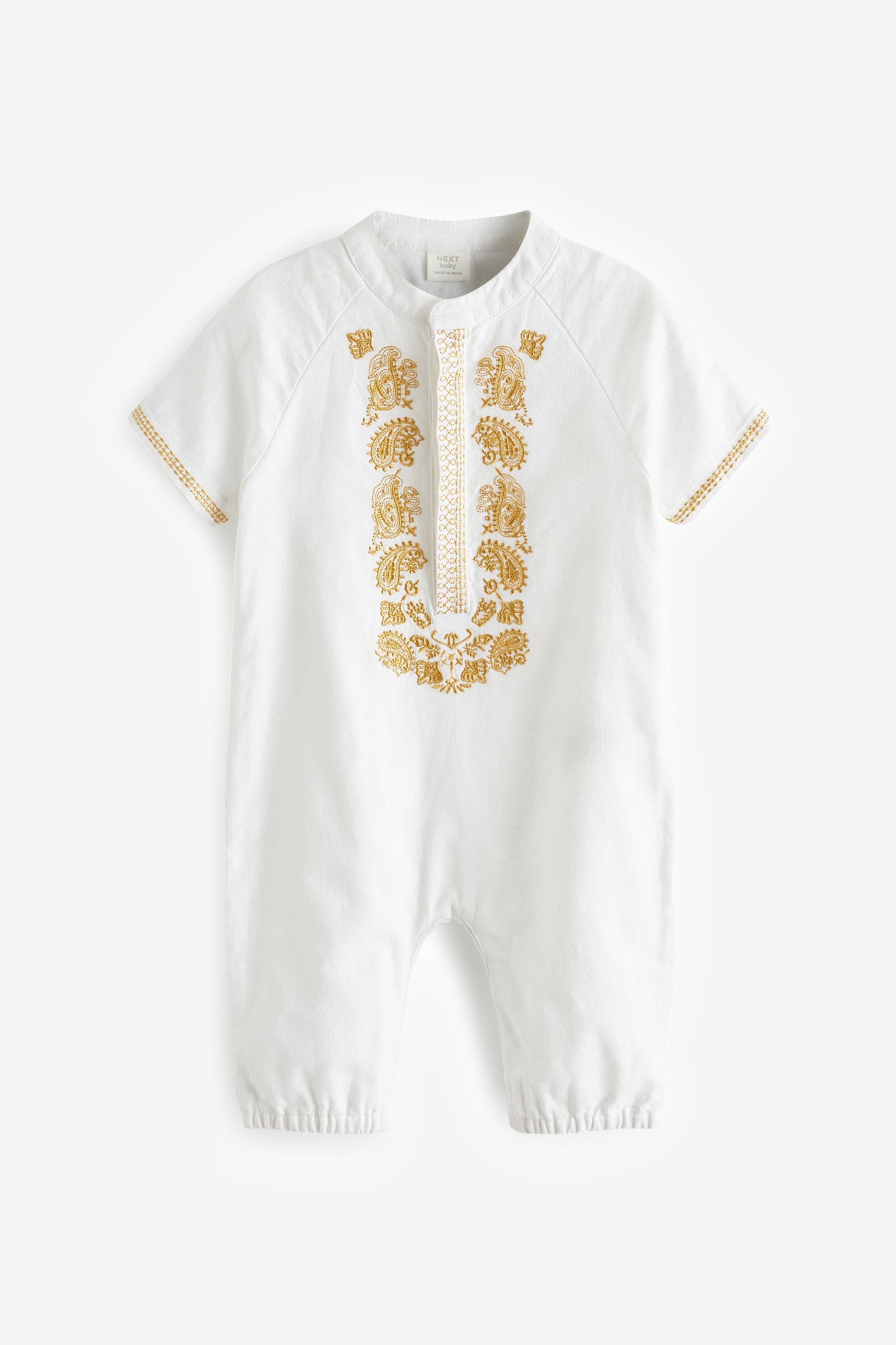 White Occasion Linen Blend Baby Romper (0mths-2yrs)