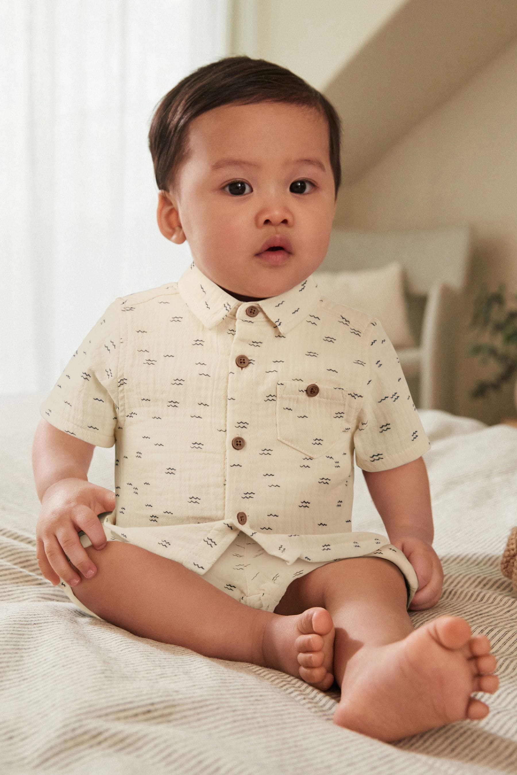 White/Blue 100% Cotton Top And Shorts Set (0mths-2yrs)