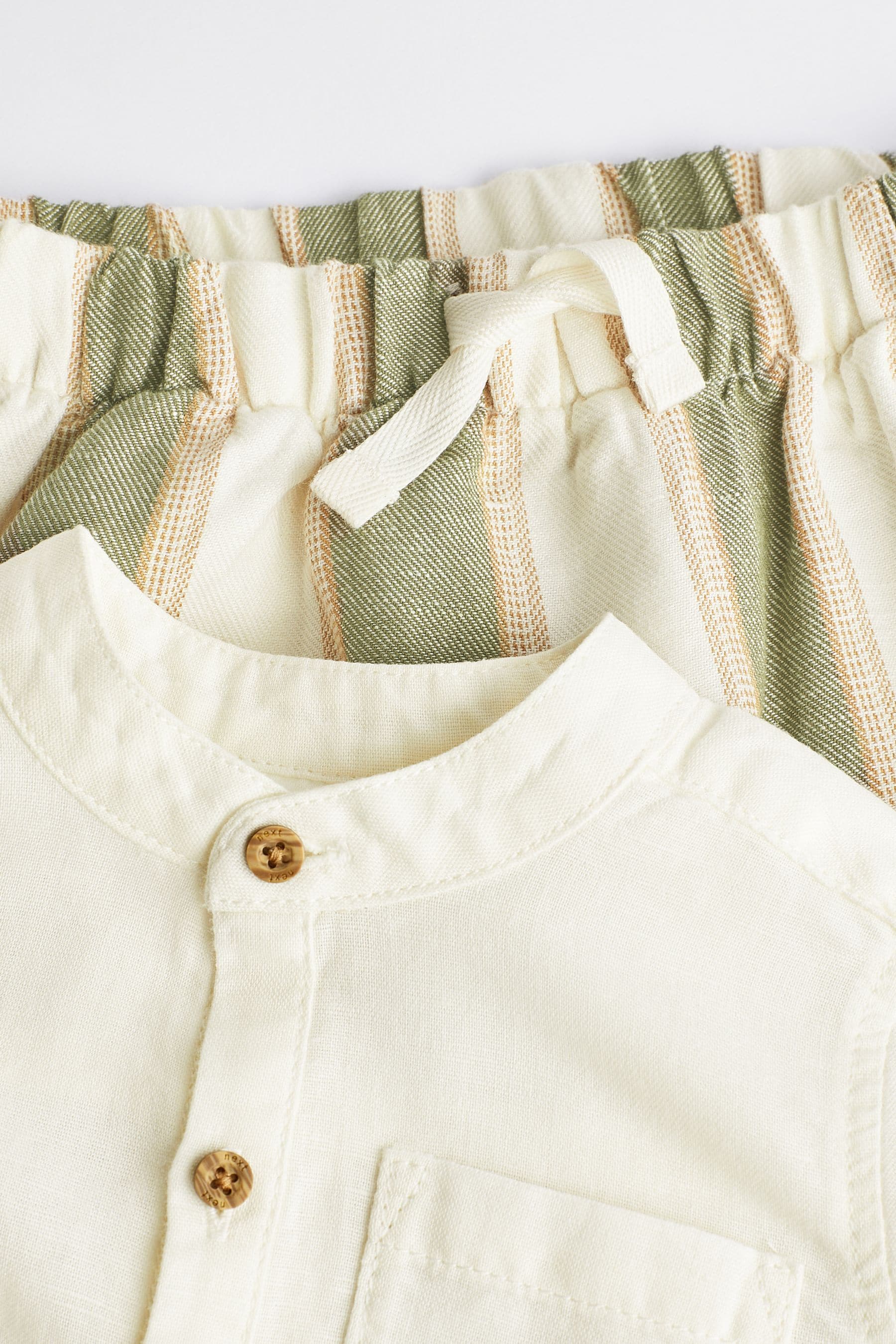 White/Green Baby Woven Shirt and Trousers 2 Piece Set With Linen (0mths-2yrs)