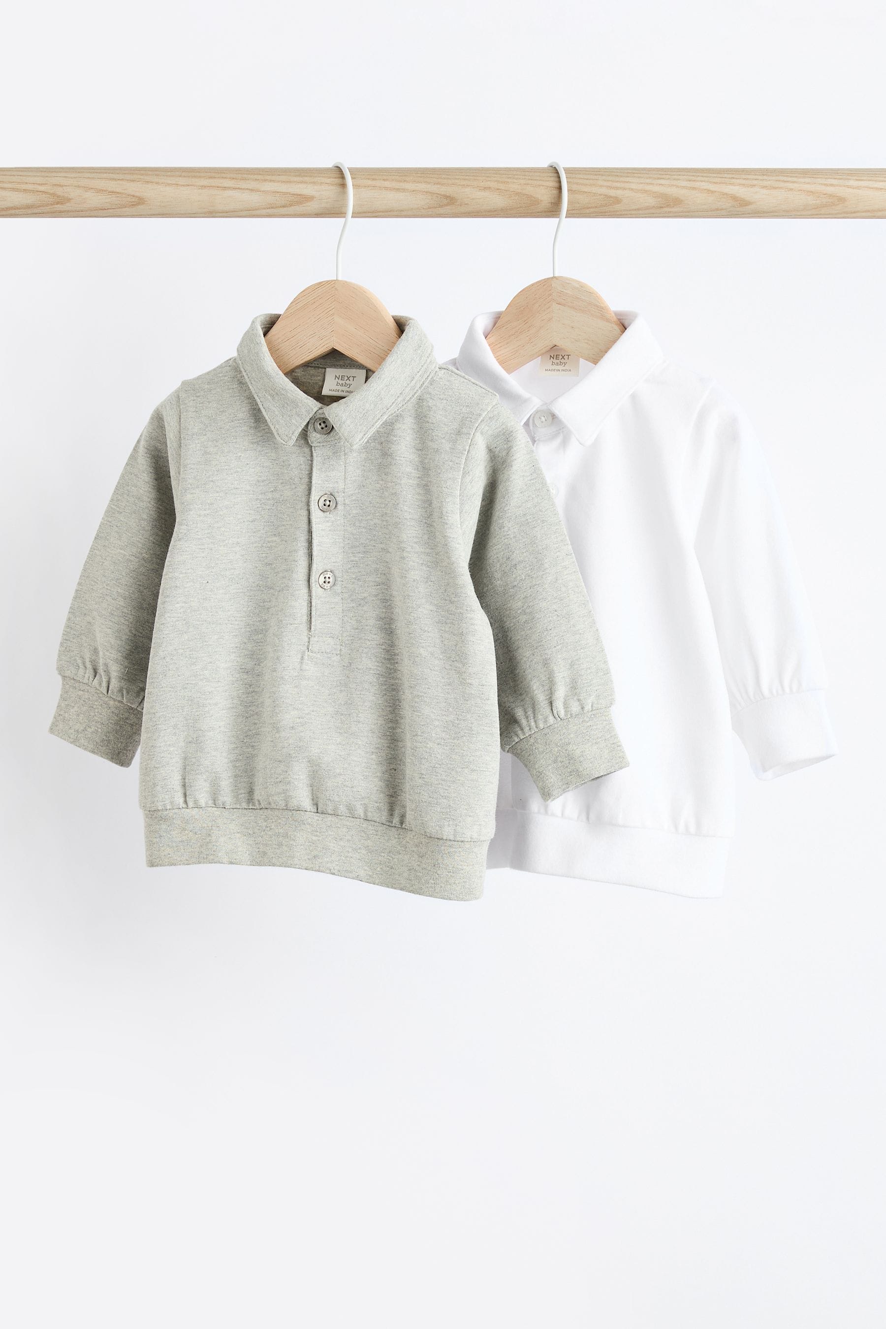 Grey Long Sleeve Button Neck Baby Tops 2 Pack