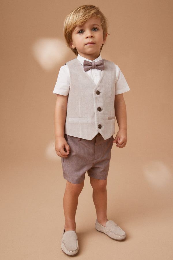 Neutral Velvet Waistcoat, Shirt, Shorts And Bow Tie 4 Piece Set (3mths-9yrs)