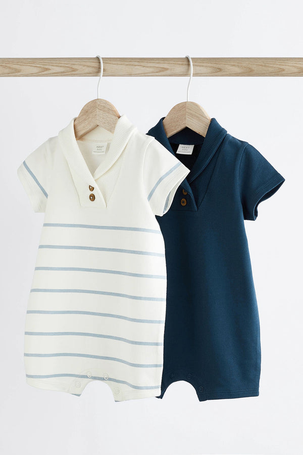 Blue Stripe Collar Jersey 100% Cotton Rompers 2 Pack