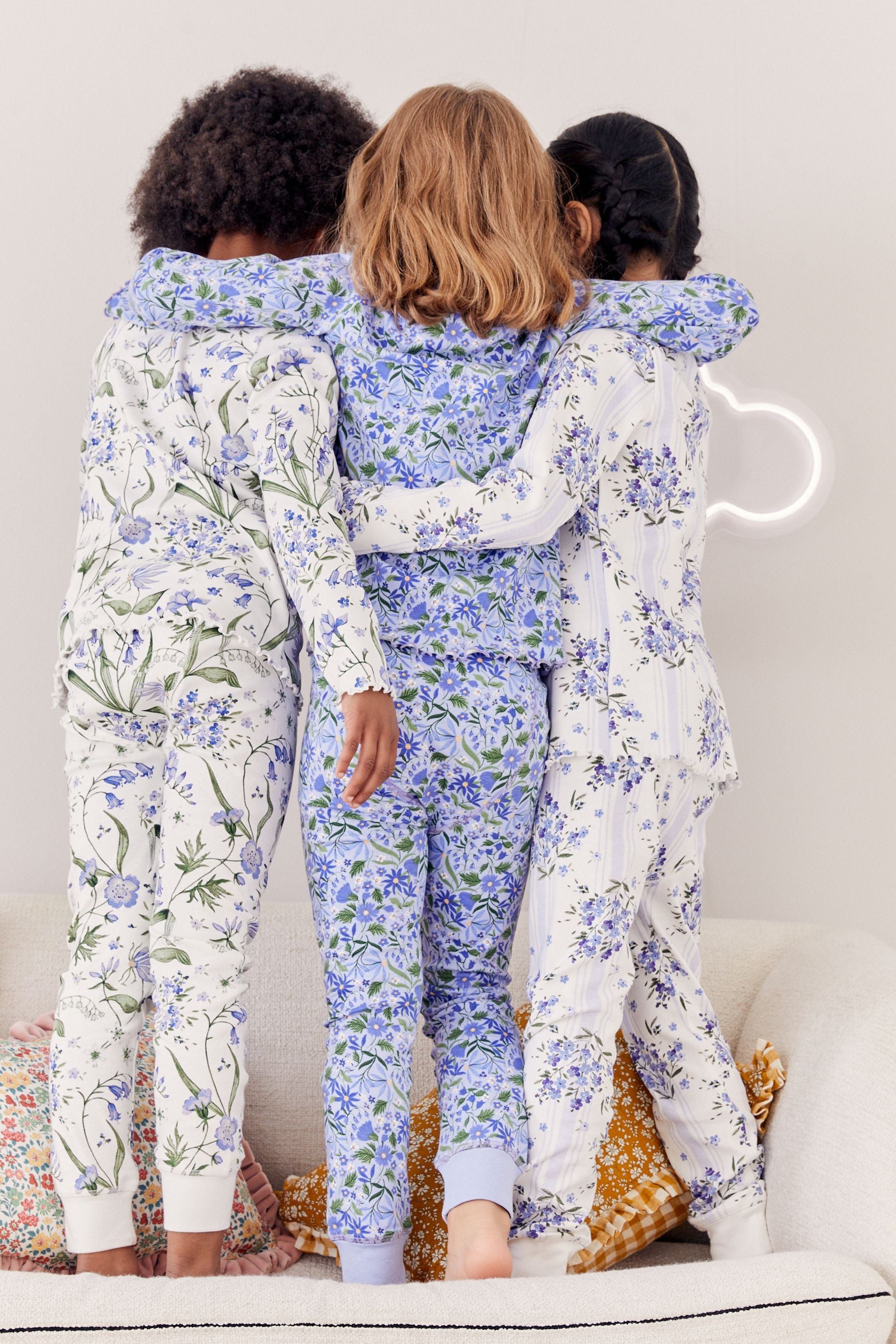 Blue/White Bluebell 100% Cotton Floral Snuggle Pyjamas 3 Pack (9mths-16yrs)