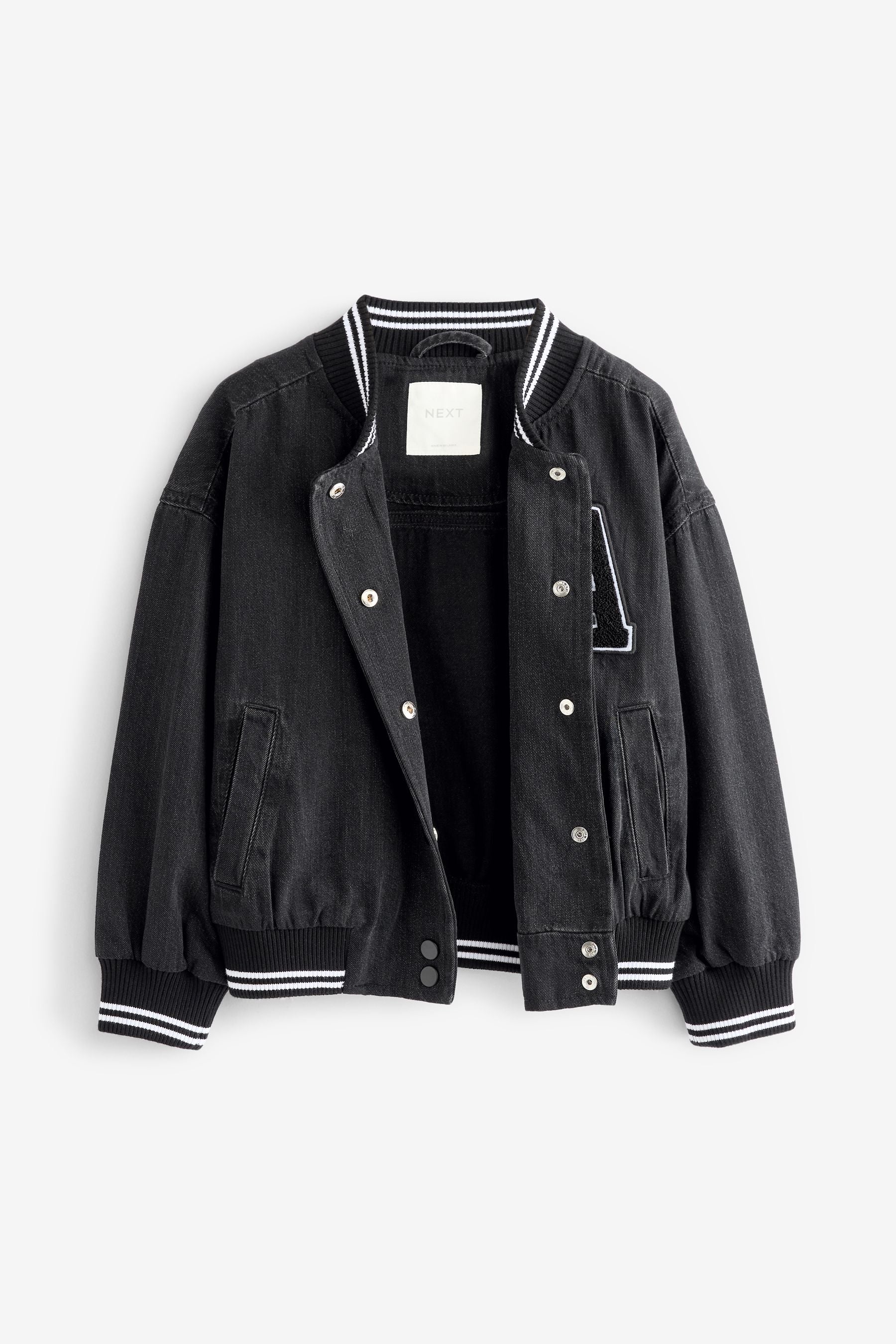 Black Varsity Denim Bomber Jacket (3-16yrs)