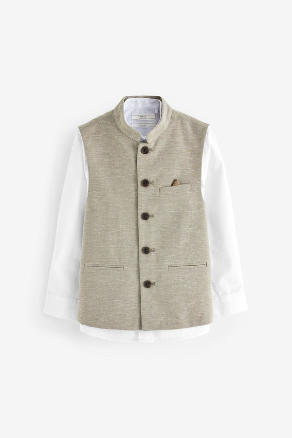 Neutral Nehru Collar Waistcoat & Shirt Set (3-16yrs)